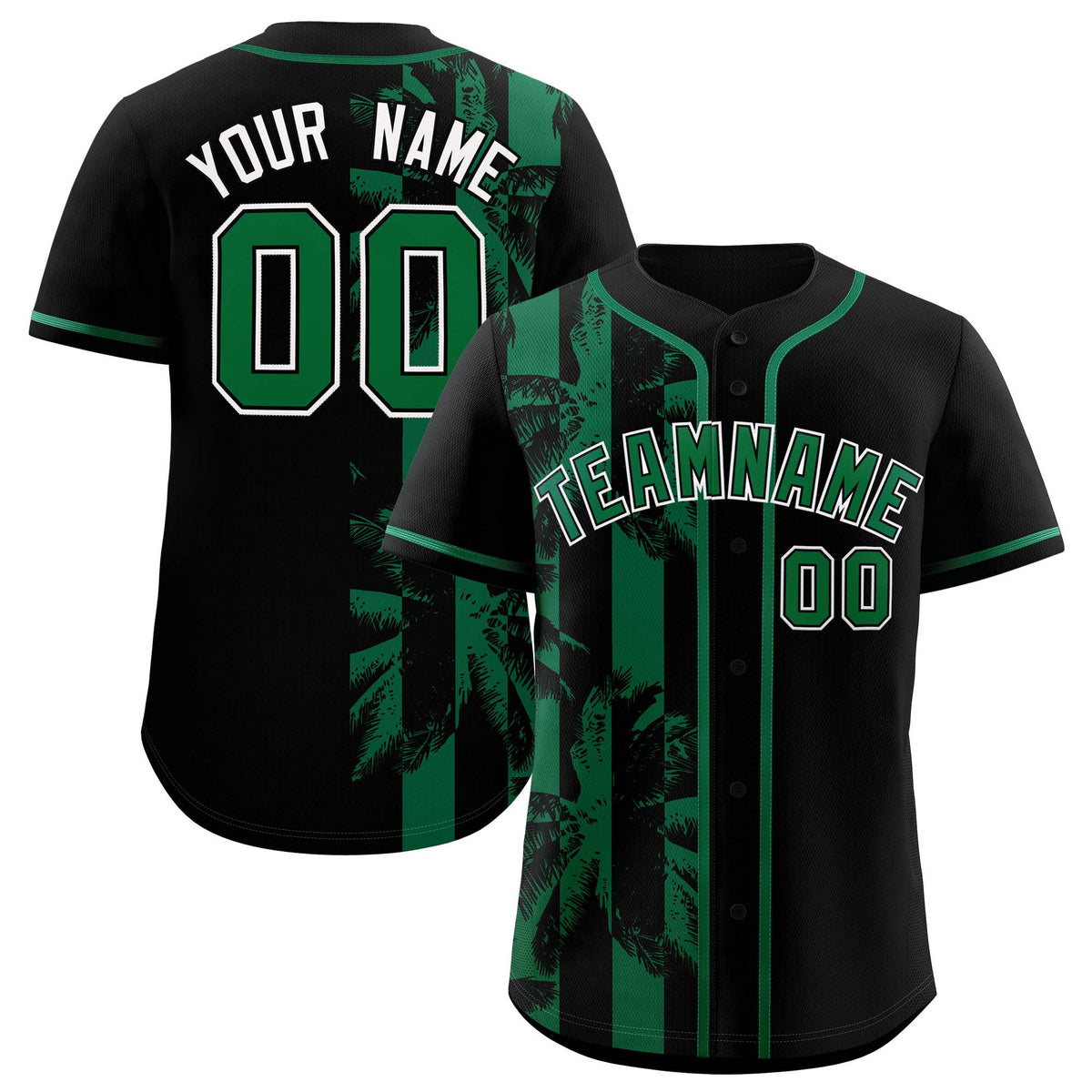 Custom Black Kelly Green Split Fashion Coconut Tree Design Authentic Baseball Jersey| KXKSHOP