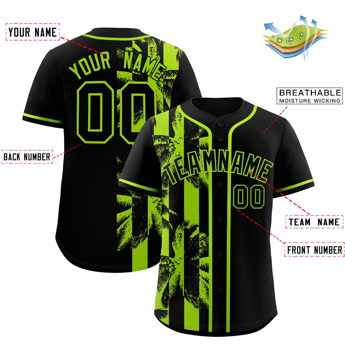 Custom Black Neon Green Split Fashion Coconut Tree Design Authentic Baseball Jersey| KXKSHOP