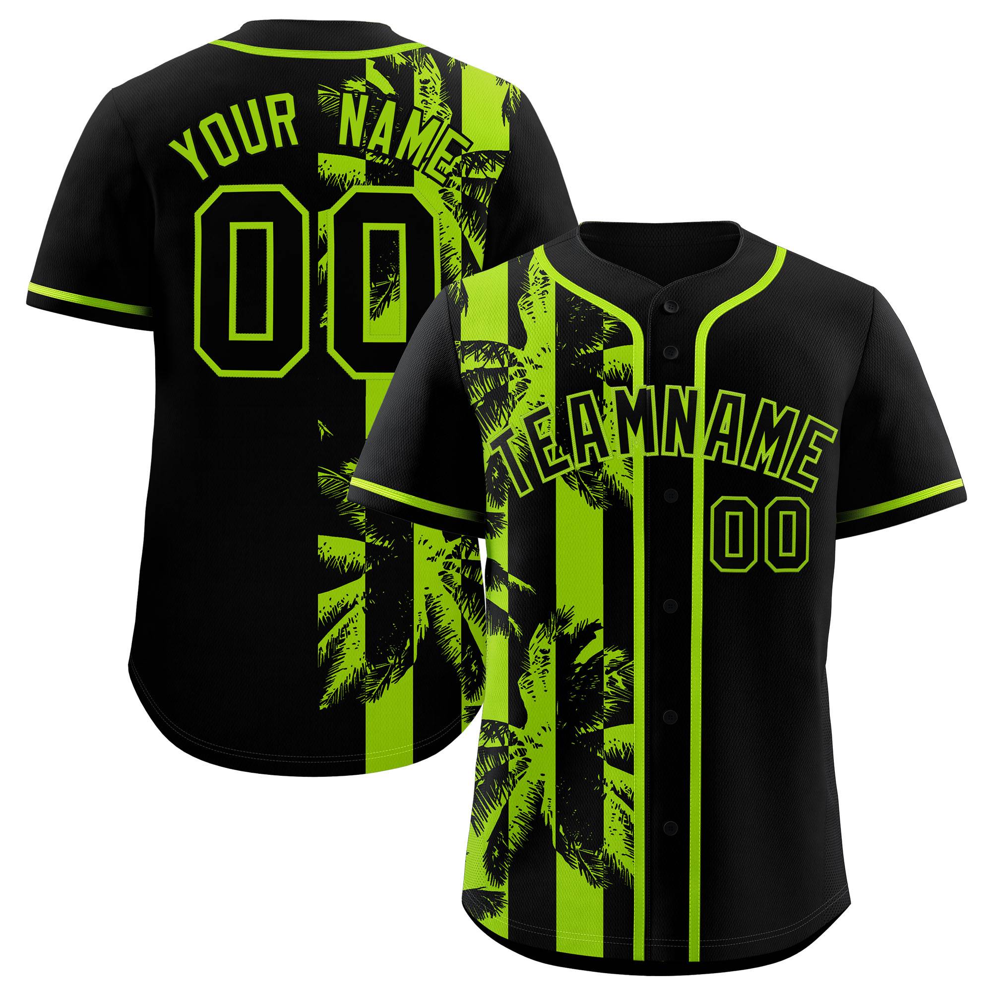 Custom Black Neon Green Split Fashion Coconut Tree Design Authentic Baseball Jersey| KXKSHOP