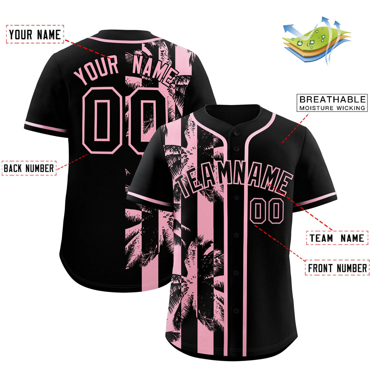 Custom Black Light Pink Split Fashion Coconut Tree Design Authentic Baseball Jersey| KXKSHOP