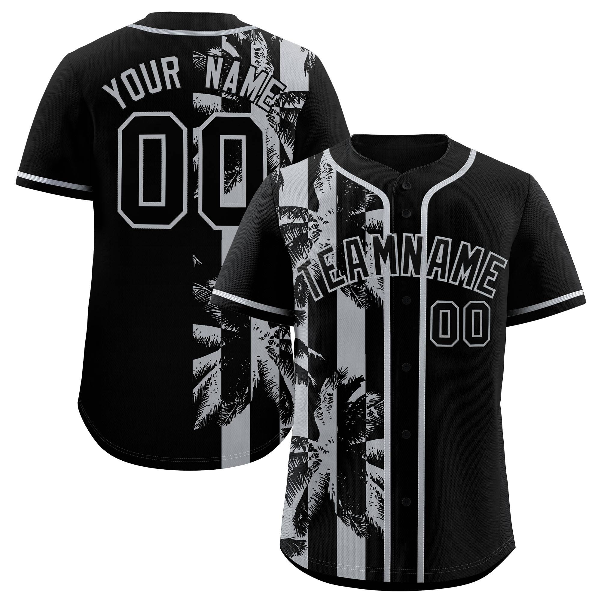 Custom Black Gray Split Fashion Coconut Tree Design Authentic Baseball Jersey| KXKSHOP