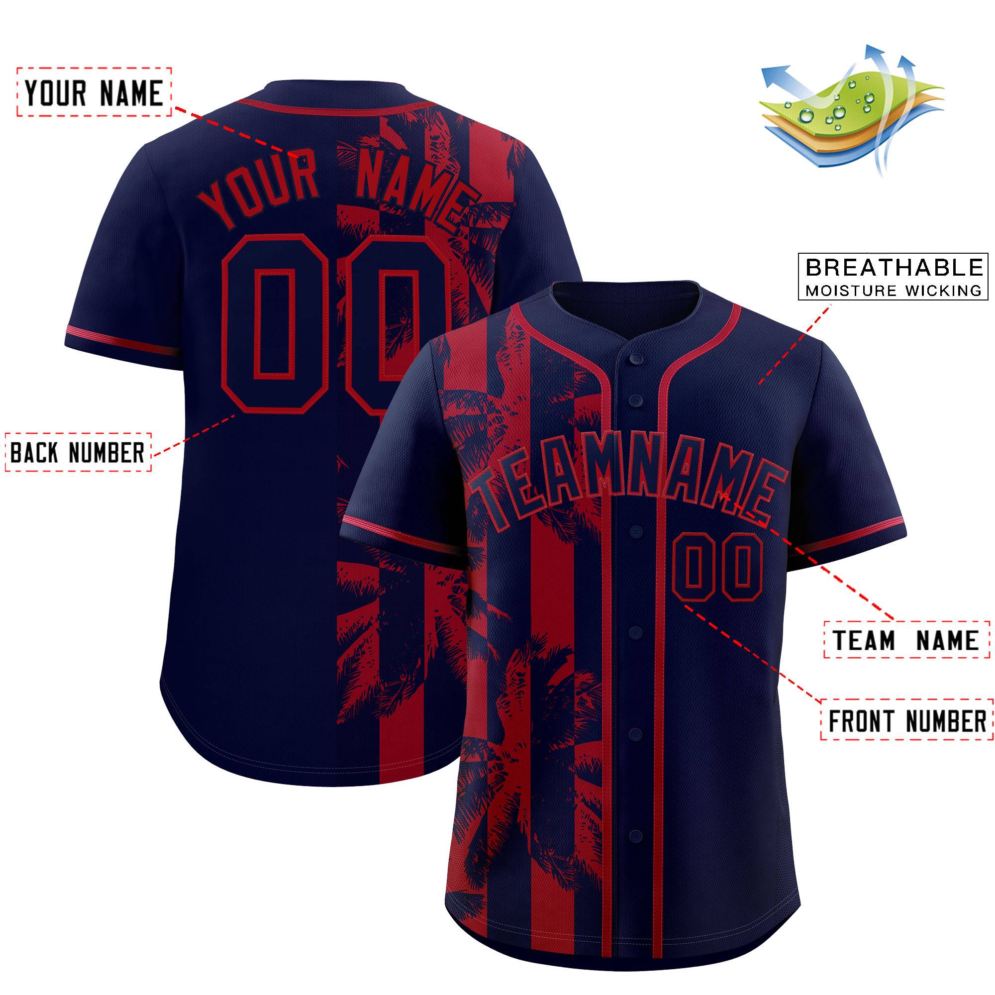 Custom Navy Red Split Fashion Coconut Tree Design Authentic Baseball Jersey| KXKSHOP