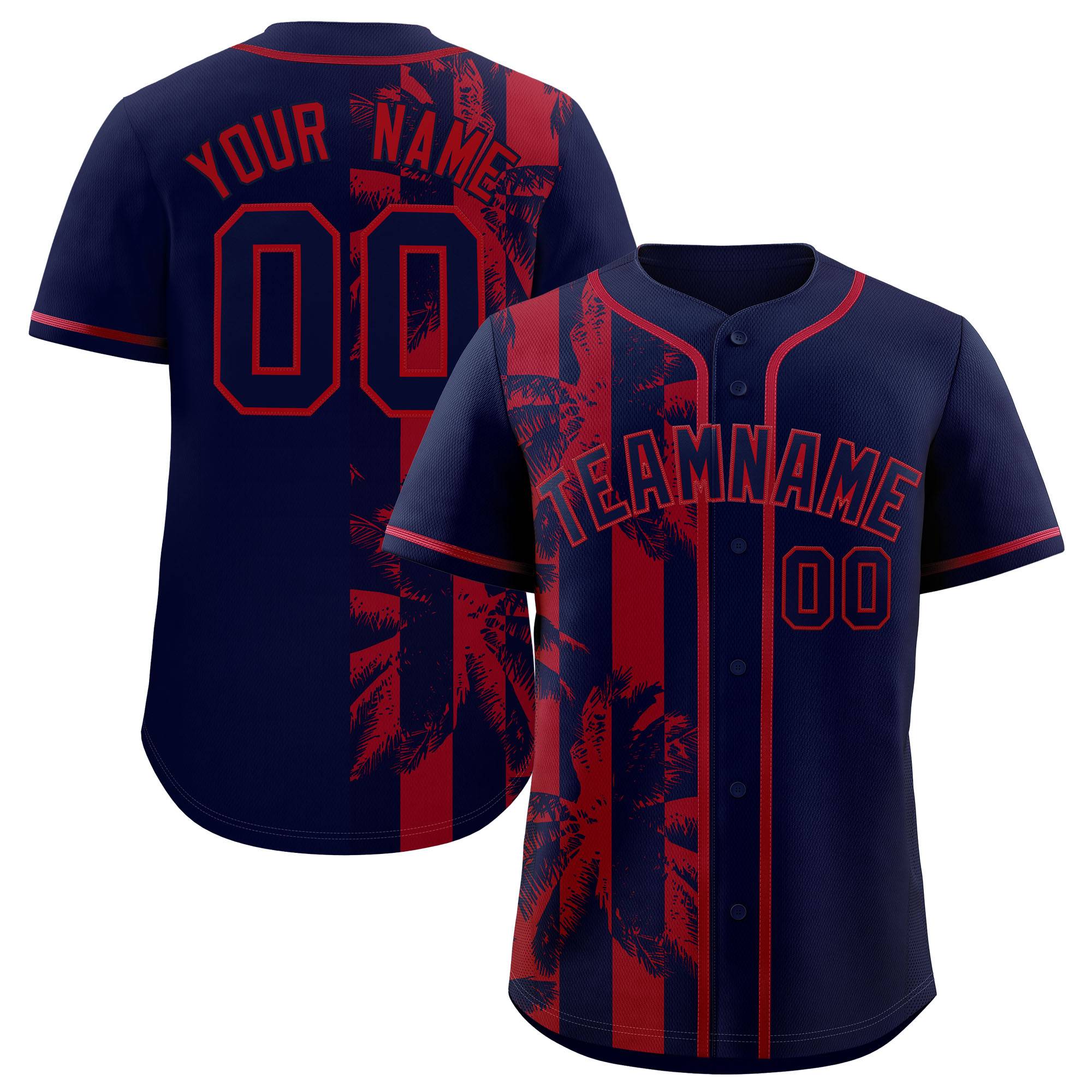 Custom Navy Red Split Fashion Coconut Tree Design Authentic Baseball Jersey| KXKSHOP