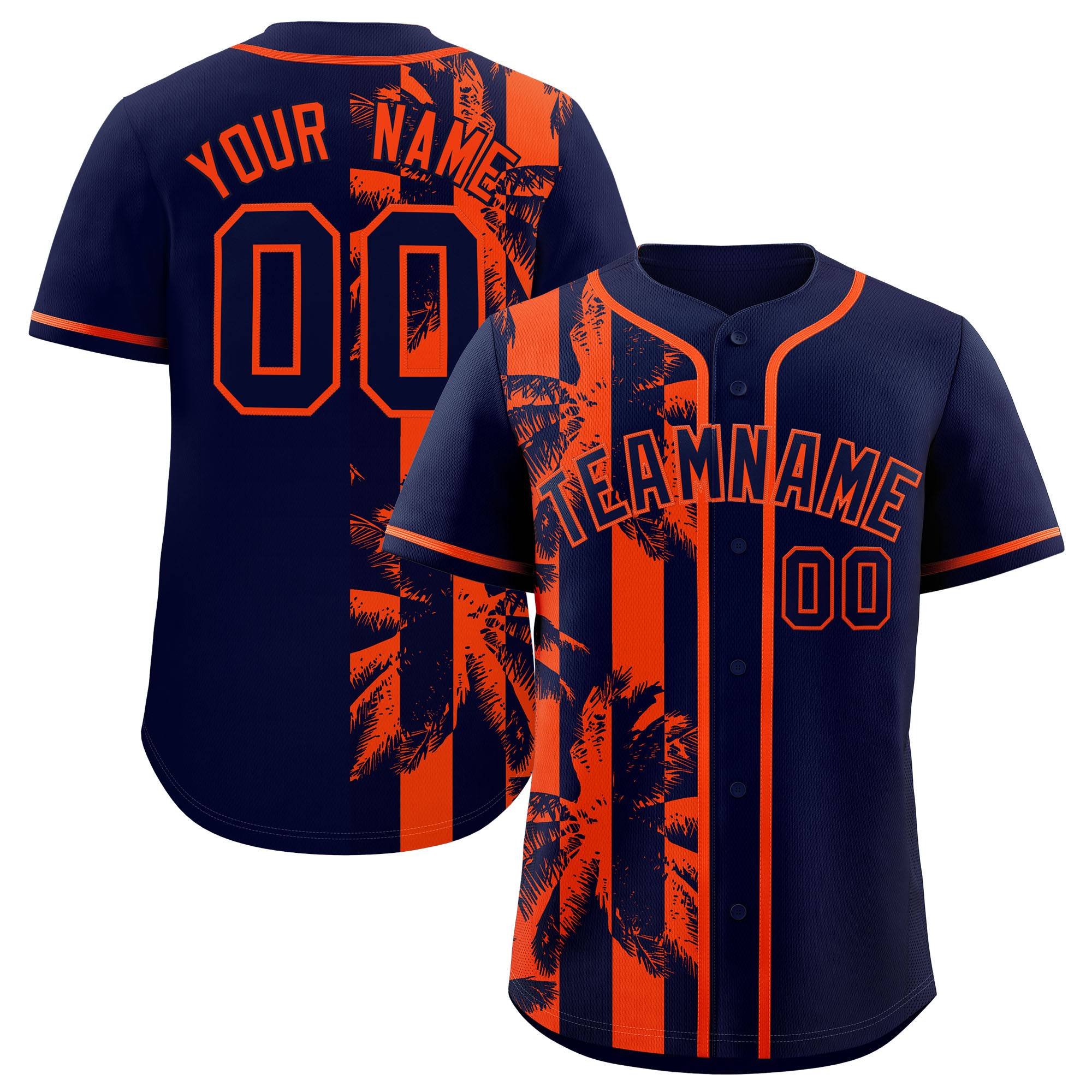 Custom Navy Orange Split Fashion Coconut Tree Design Authentic Baseball Jersey| KXKSHOP