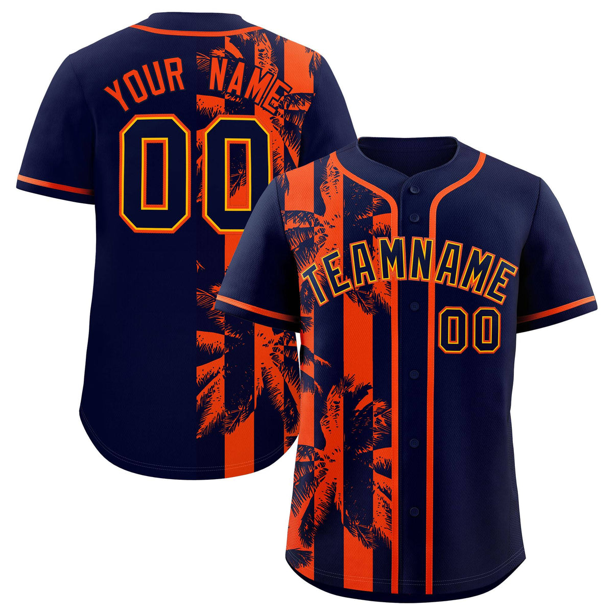 Custom Navy Orange Split Fashion Coconut Tree Design Authentic Baseball Jersey| KXKSHOP