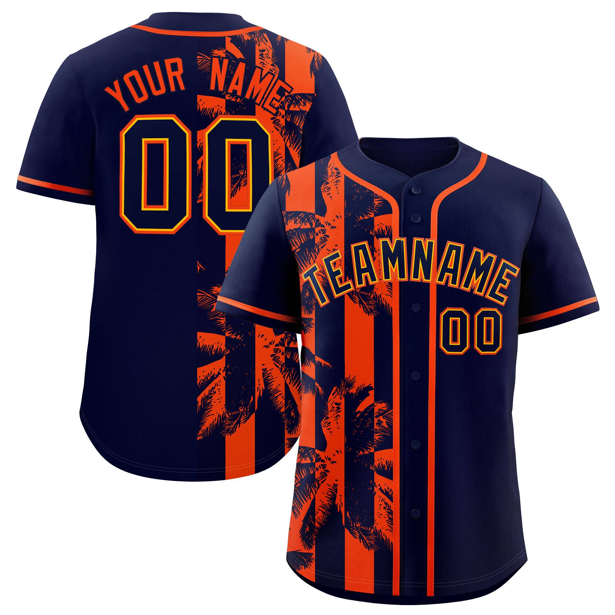 Custom Navy Orange Split Fashion Coconut Tree Design Authentic Baseball Jersey| KXKSHOP