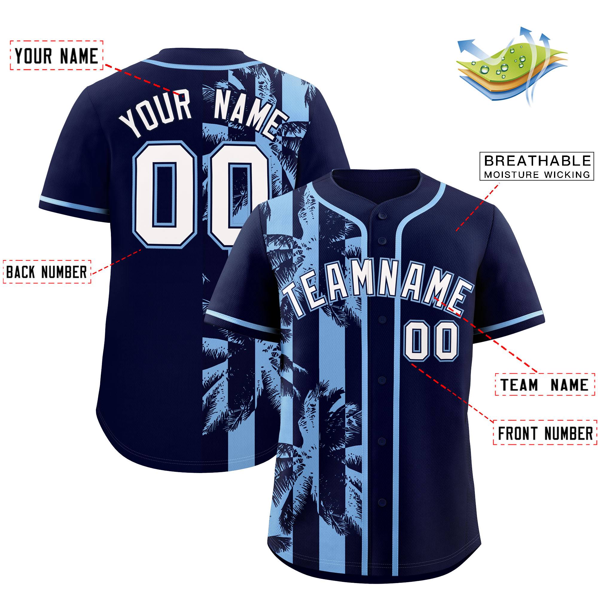 Custom Navy Powder Blue Split Fashion Coconut Tree Design Authentic Baseball Jersey| KXKSHOP