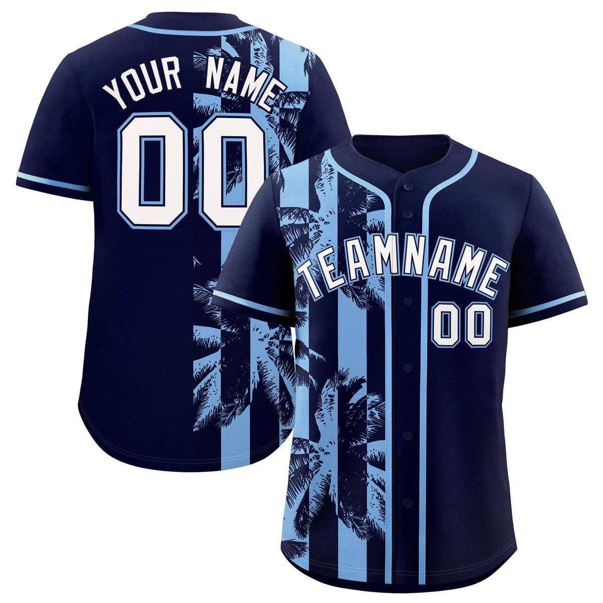 Custom Navy Powder Blue Split Fashion Coconut Tree Design Authentic Baseball Jersey| KXKSHOP