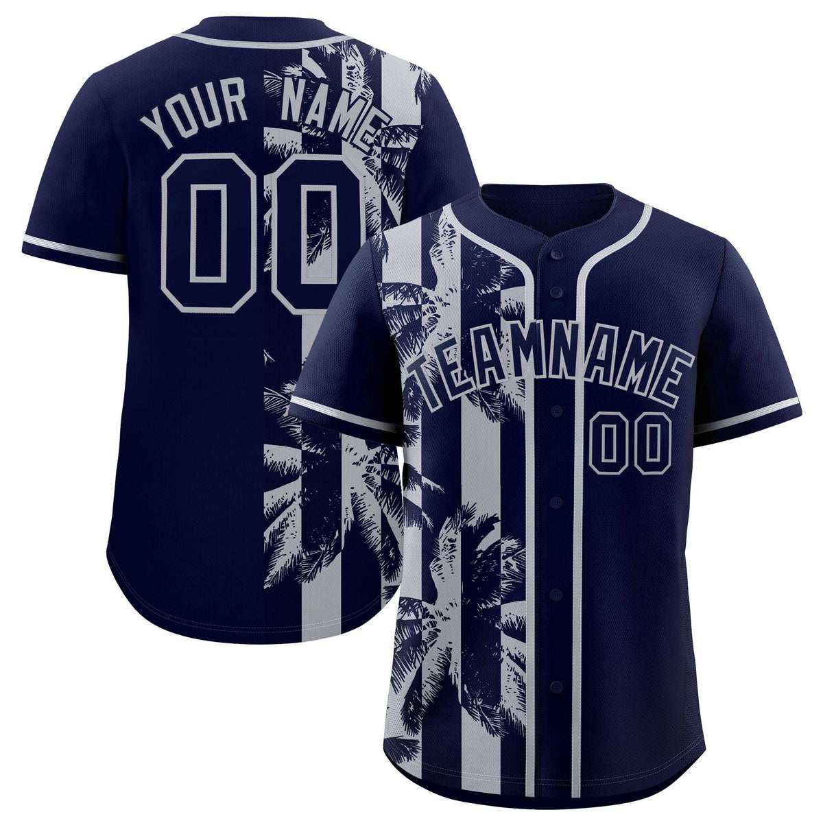 Custom Navy Gray Split Fashion Coconut Tree Design Authentic Baseball Jersey| KXKSHOP