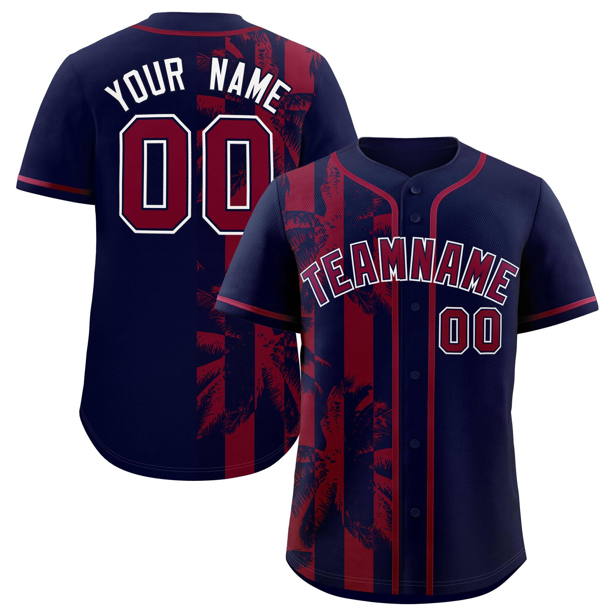 Custom Navy Crimson Split Fashion Coconut Tree Design Authentic Baseball Jersey| KXKSHOP