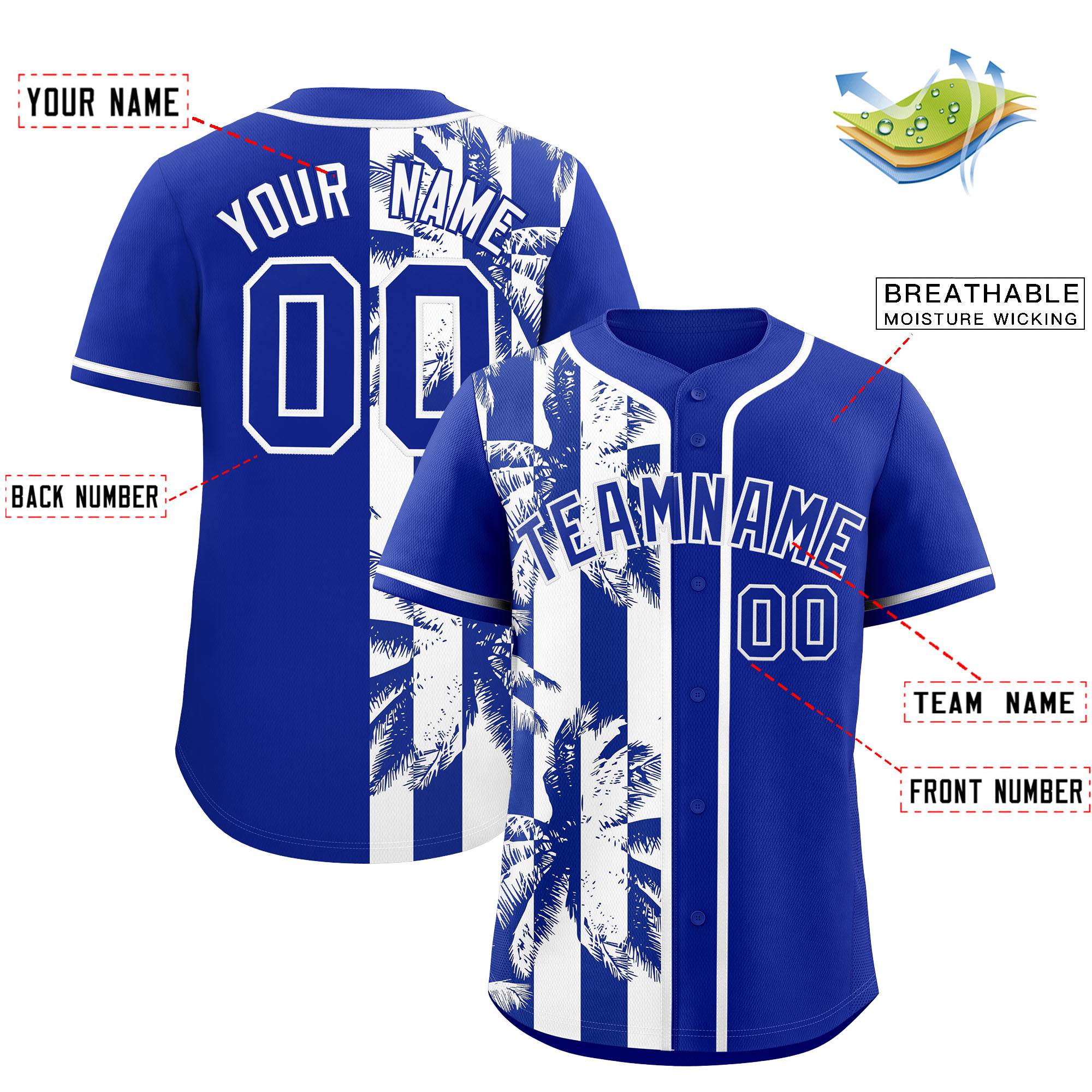 Custom Royal White Split Fashion Coconut Tree Design Authentic Baseball Jersey| KXKSHOP