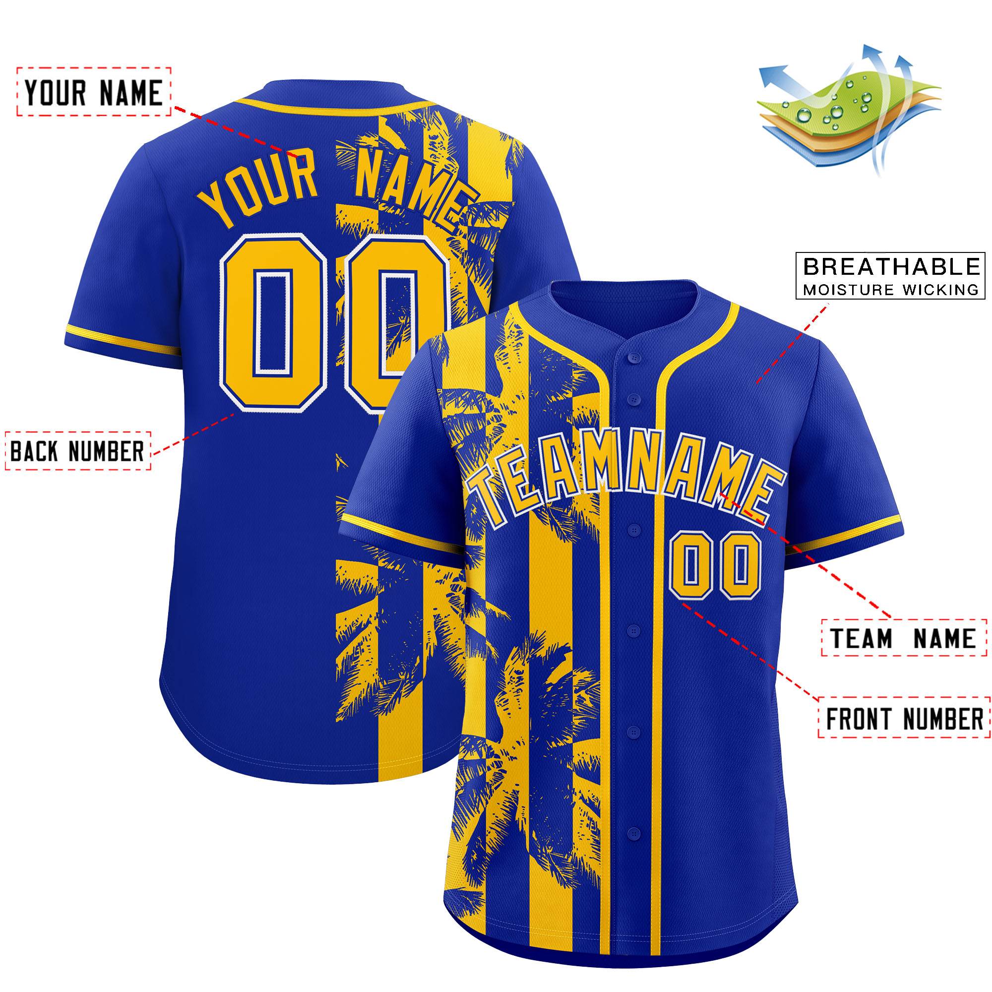 Custom Royal Yellow Split Fashion Coconut Tree Design Authentic Baseball Jersey| KXKSHOP