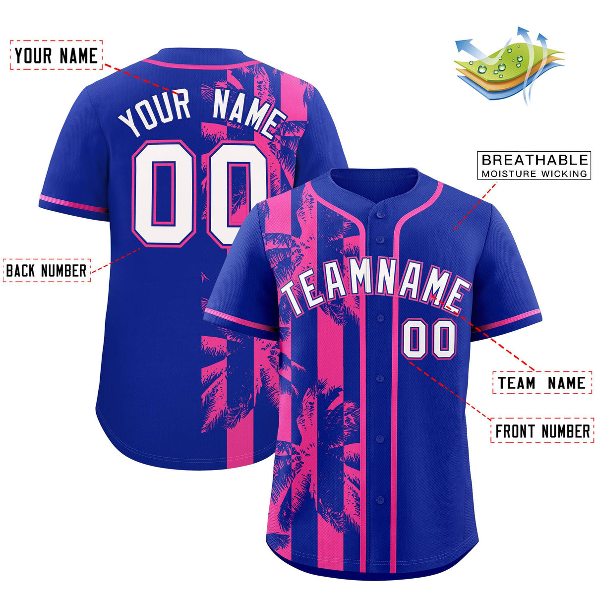 Custom Royal Pink Split Fashion Coconut Tree Design Authentic Baseball Jersey| KXKSHOP