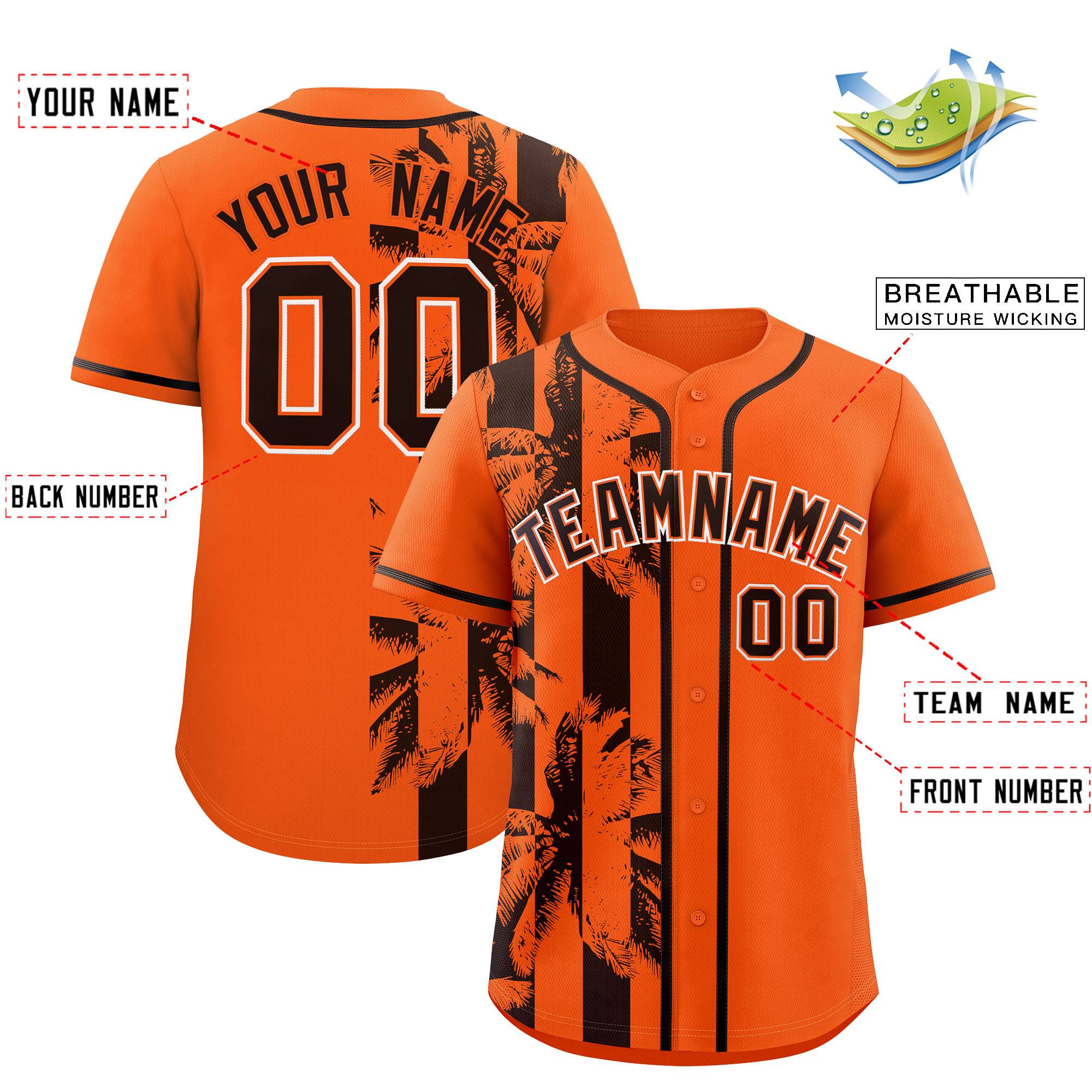 Custom Orange Brown Split Fashion Coconut Tree Design Authentic Baseball Jersey| KXKSHOP