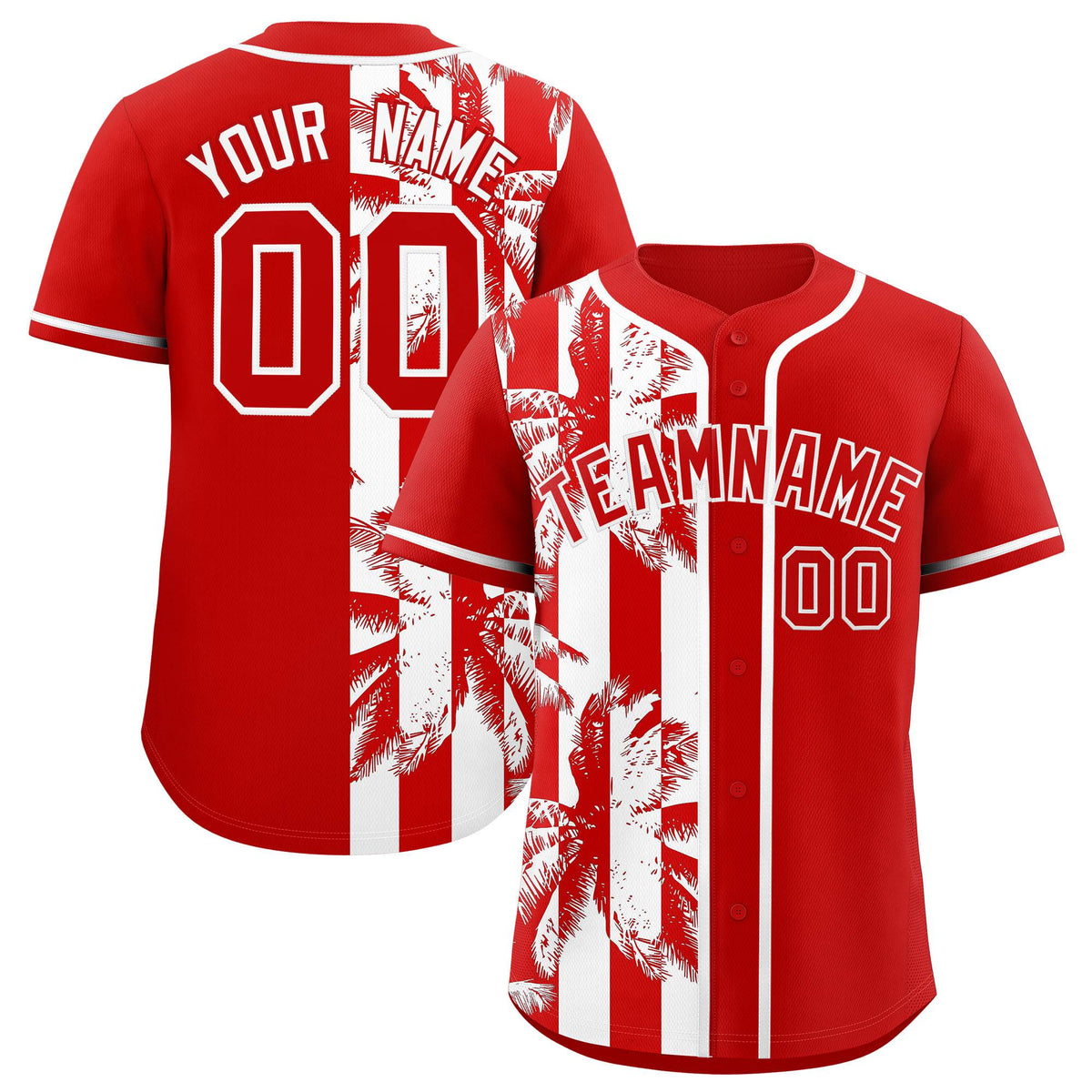 Custom Red White Split Fashion Coconut Tree Design Authentic Baseball Jersey| KXKSHOP