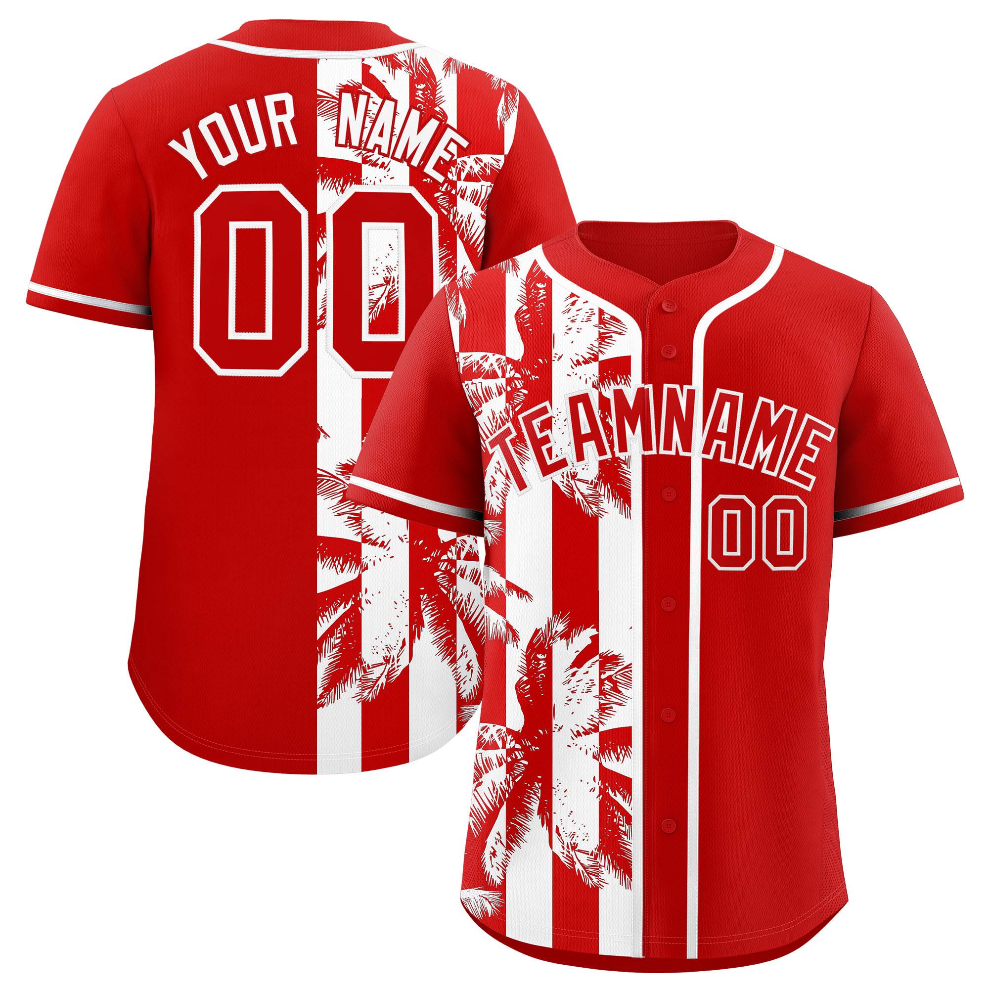 Custom Red White Split Fashion Coconut Tree Design Authentic Baseball Jersey| KXKSHOP