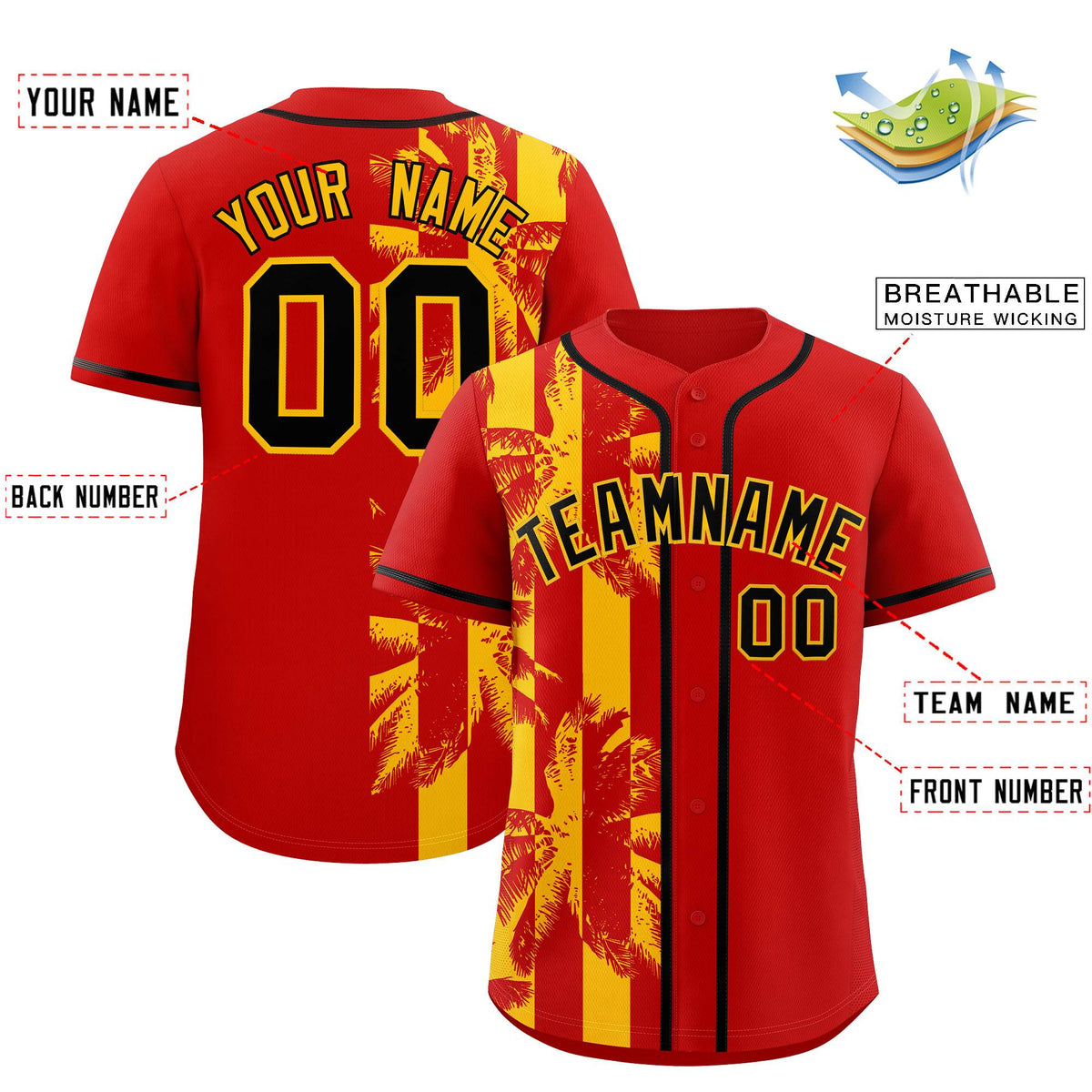 Custom Red Yellow Split Fashion Coconut Tree Design Authentic Baseball Jersey| KXKSHOP