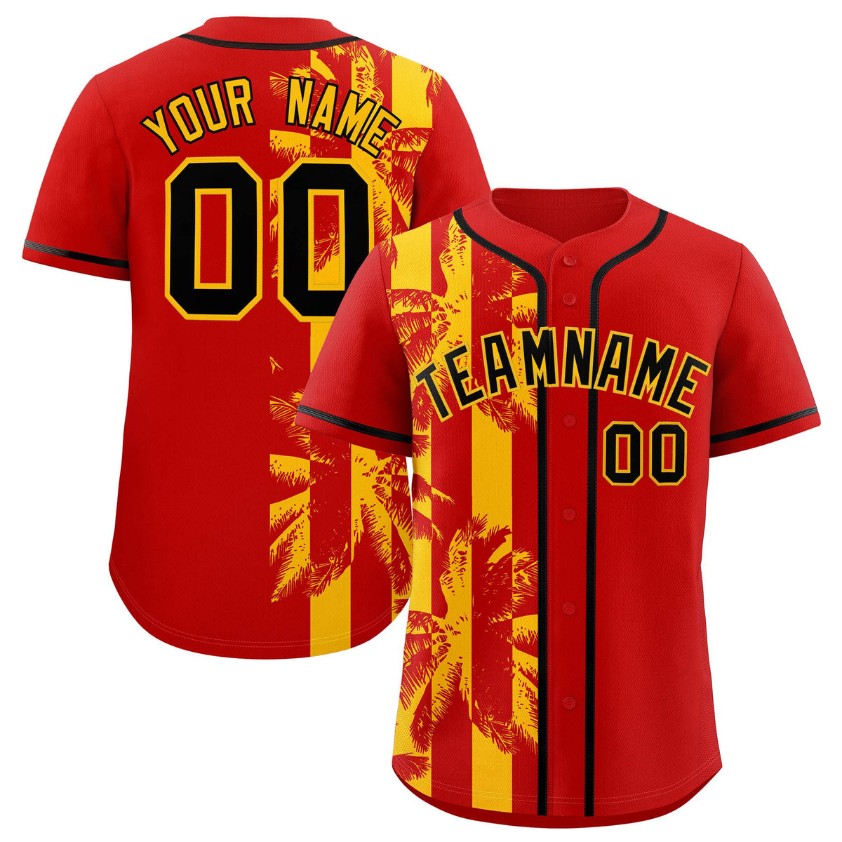 Custom Red Yellow Split Fashion Coconut Tree Design Authentic Baseball Jersey| KXKSHOP