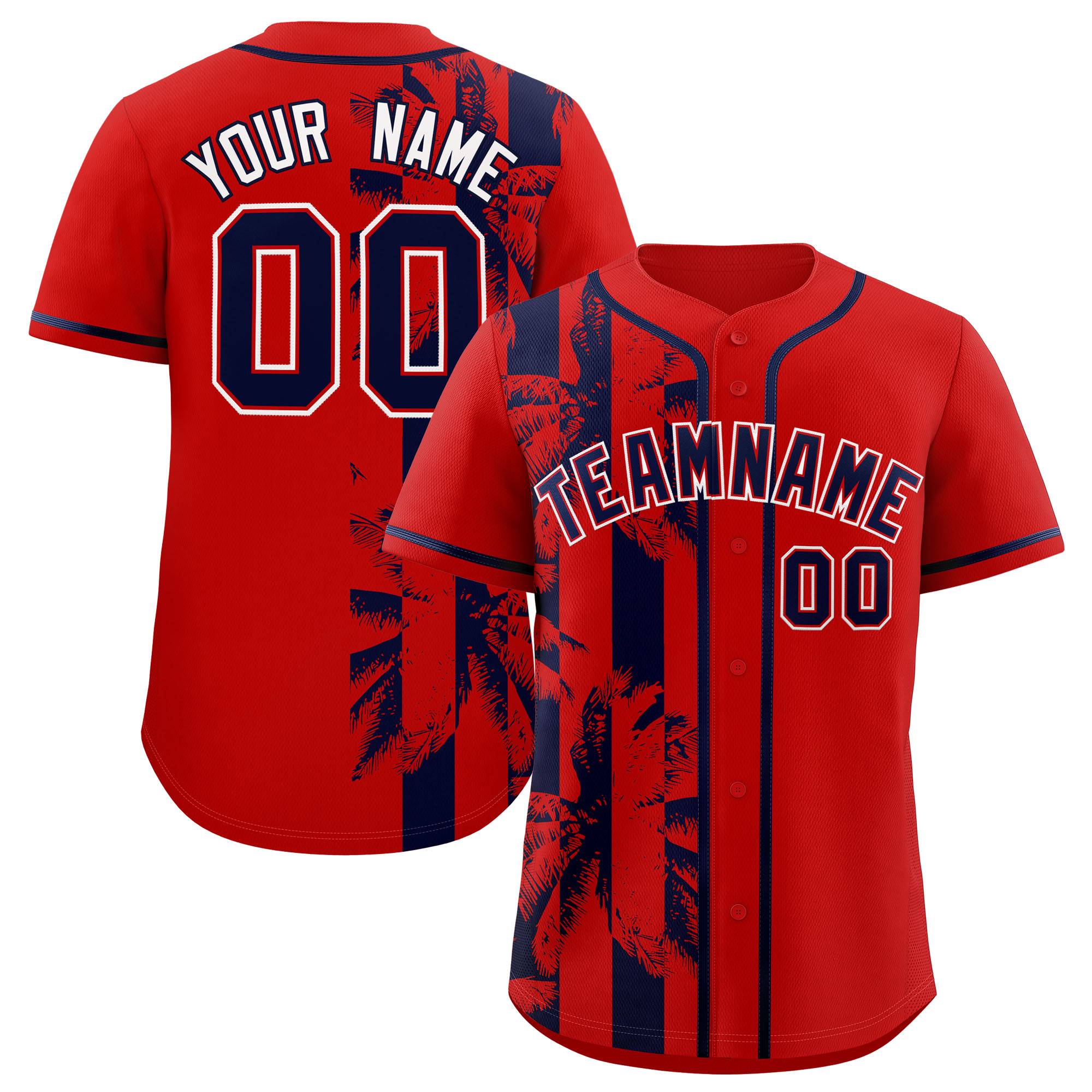Custom Red Navy Split Fashion Coconut Tree Design Authentic Baseball Jersey| KXKSHOP