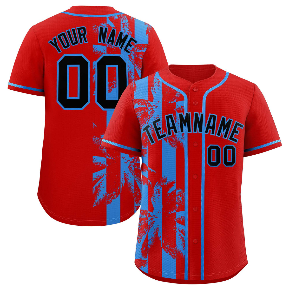 Custom Red Powder Blue Split Fashion Coconut Tree Design Authentic Baseball Jersey| KXKSHOP