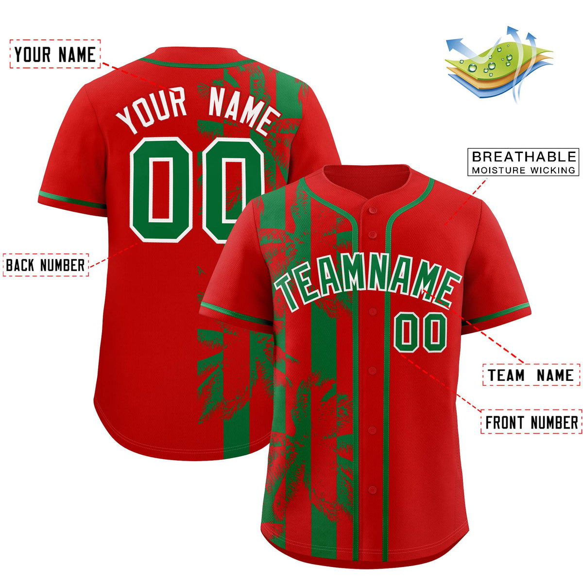 Custom Red Kelly Green Split Fashion Coconut Tree Design Authentic Baseball Jersey| KXKSHOP