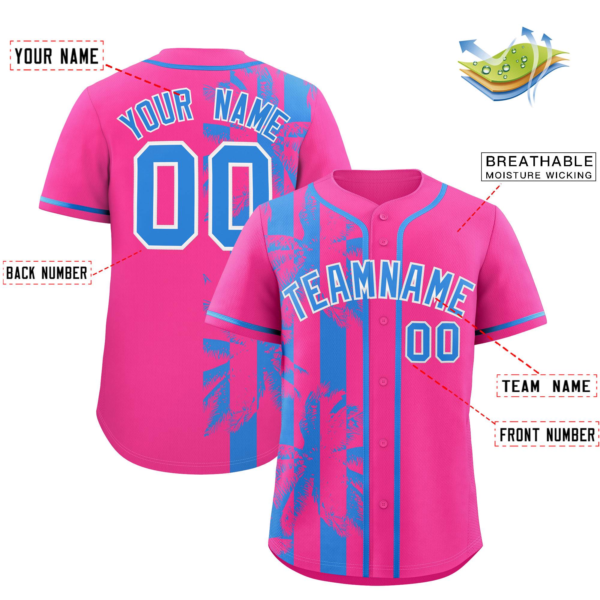 Custom Pink Powder Blue Split Fashion Coconut Tree Design Authentic Baseball Jersey| KXKSHOP