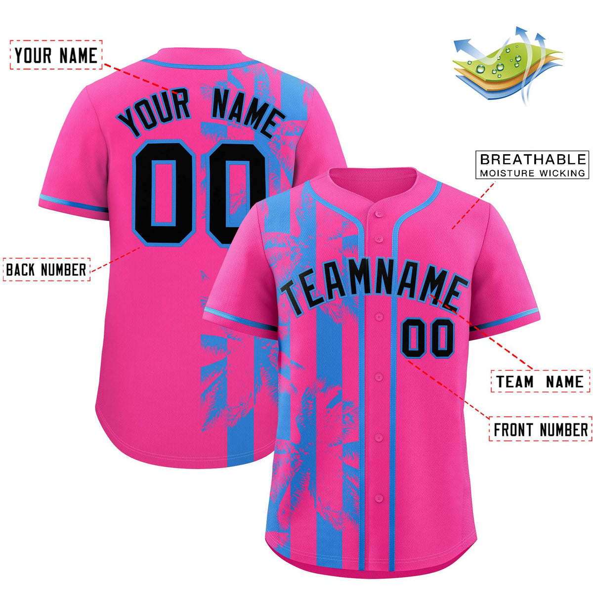 Custom Pink Powder Blue Split Fashion Coconut Tree Design Authentic Baseball Jersey| KXKSHOP