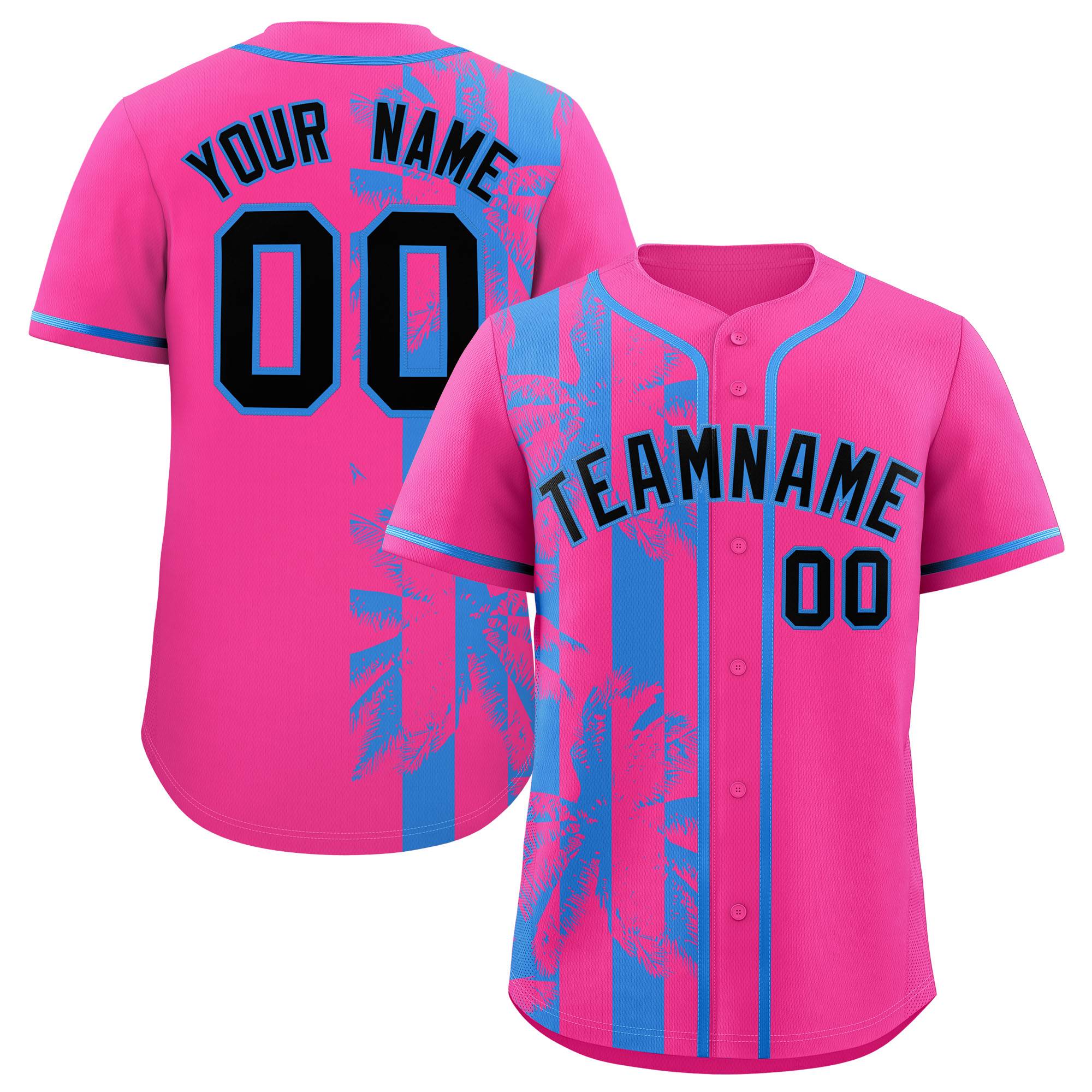 Custom Pink Powder Blue Split Fashion Coconut Tree Design Authentic Baseball Jersey| KXKSHOP