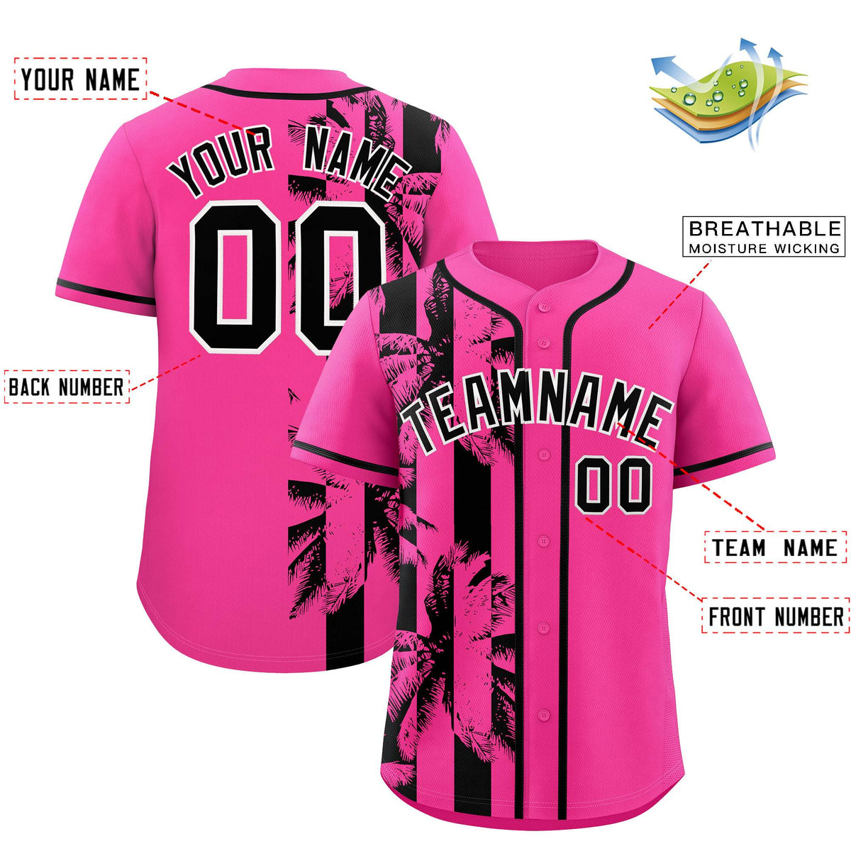 Custom Pink Black Split Fashion Coconut Tree Design Authentic Baseball Jersey| KXKSHOP