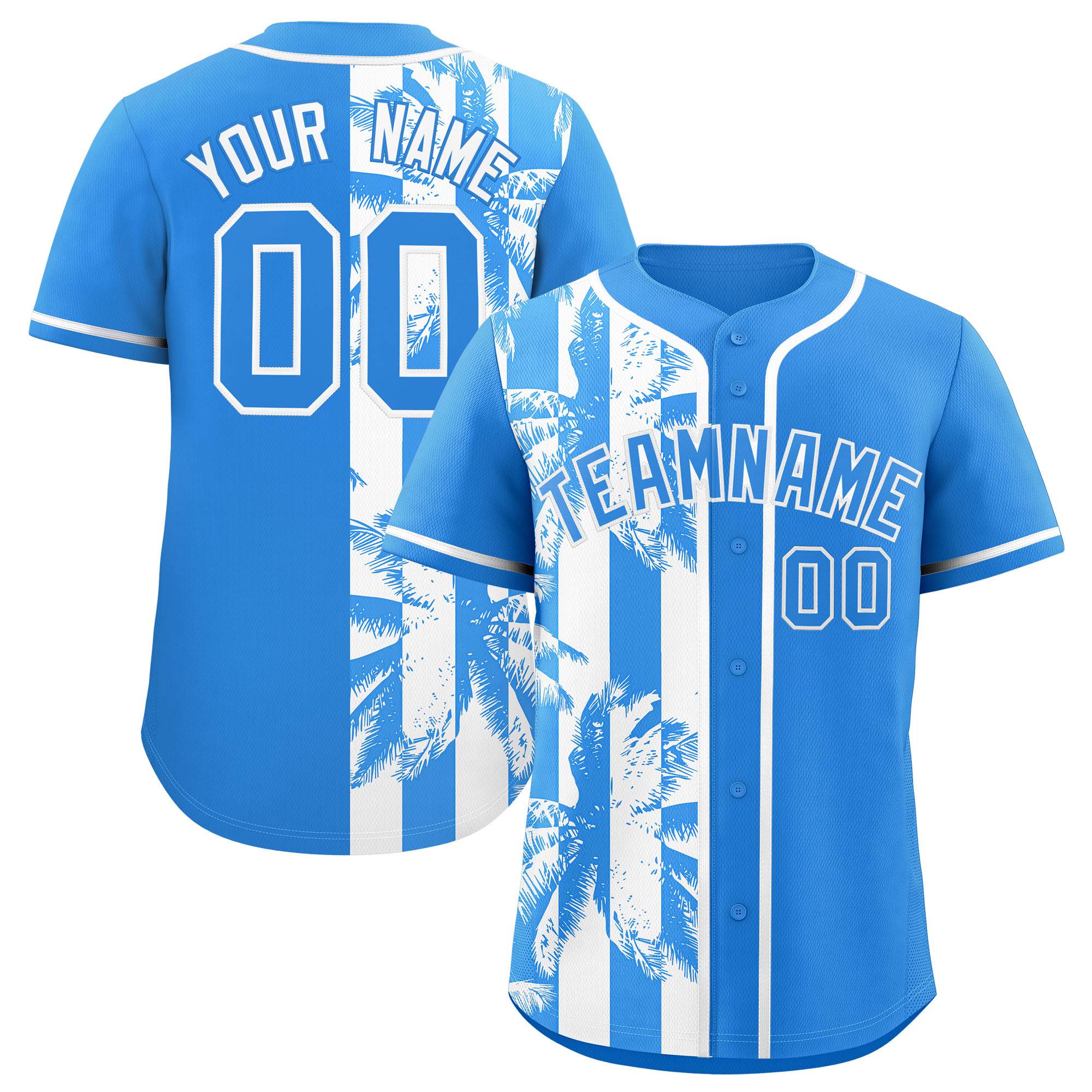 Custom Powder Blue White Split Fashion Coconut Tree Design Authentic Baseball Jersey| KXKSHOP