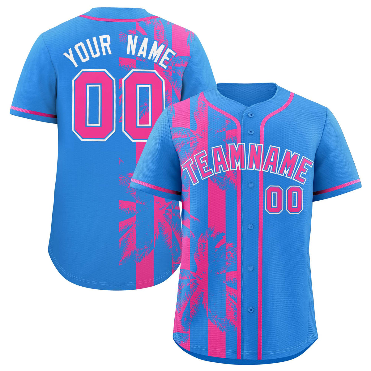 Custom Powder Blue Pink Split Fashion Coconut Tree Design Authentic Baseball Jersey| KXKSHOP