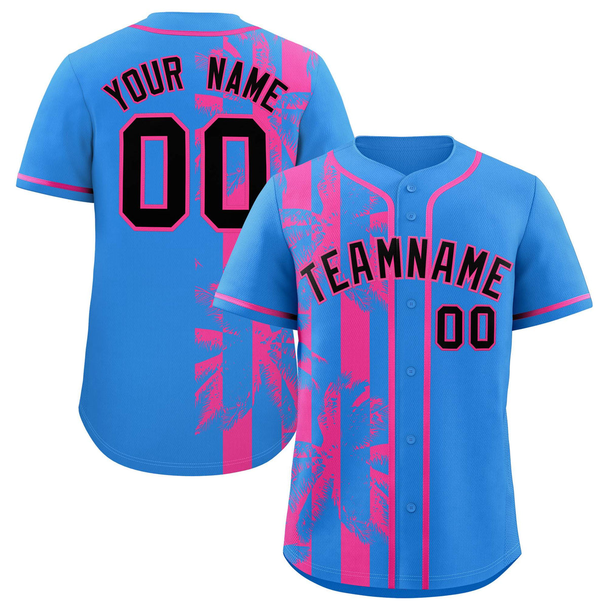 Custom Powder Blue Pink Split Fashion Coconut Tree Design Authentic Baseball Jersey| KXKSHOP
