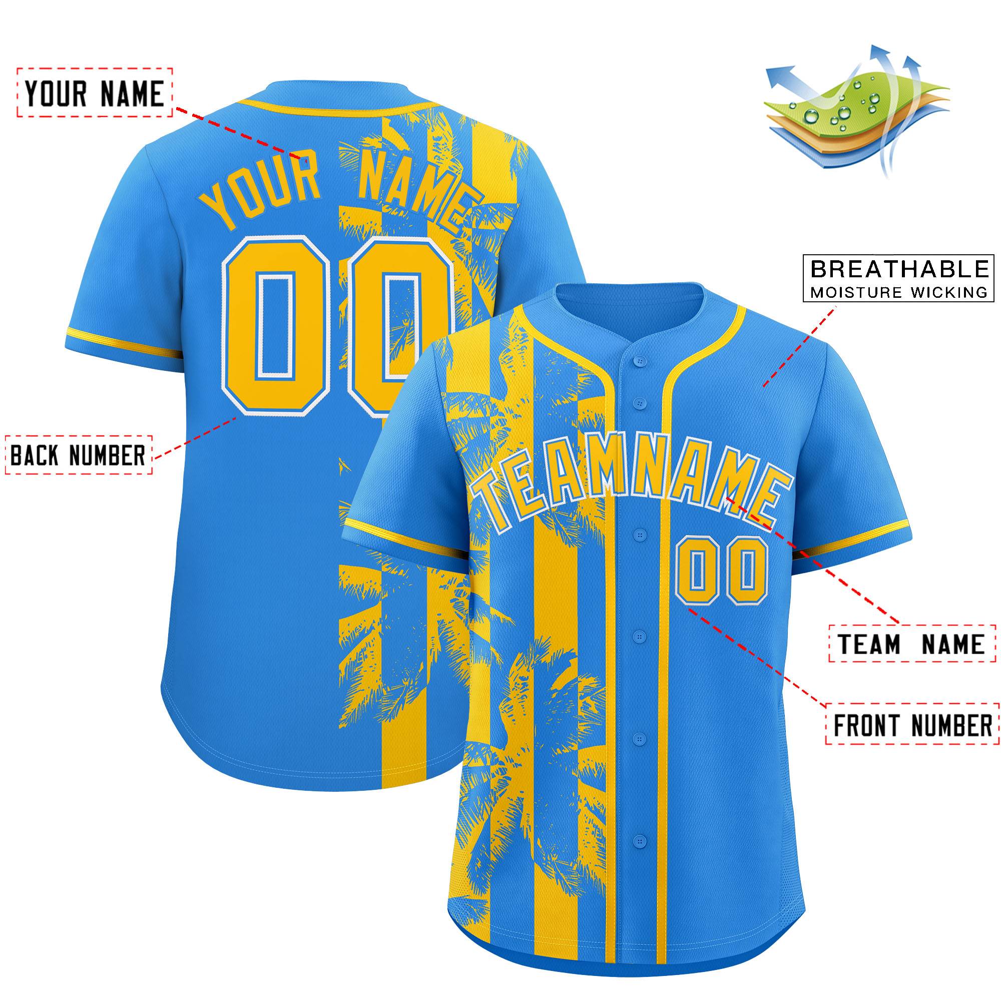 Custom Powder Blue Yellow Split Fashion Coconut Tree Design Authentic Baseball Jersey| KXKSHOP