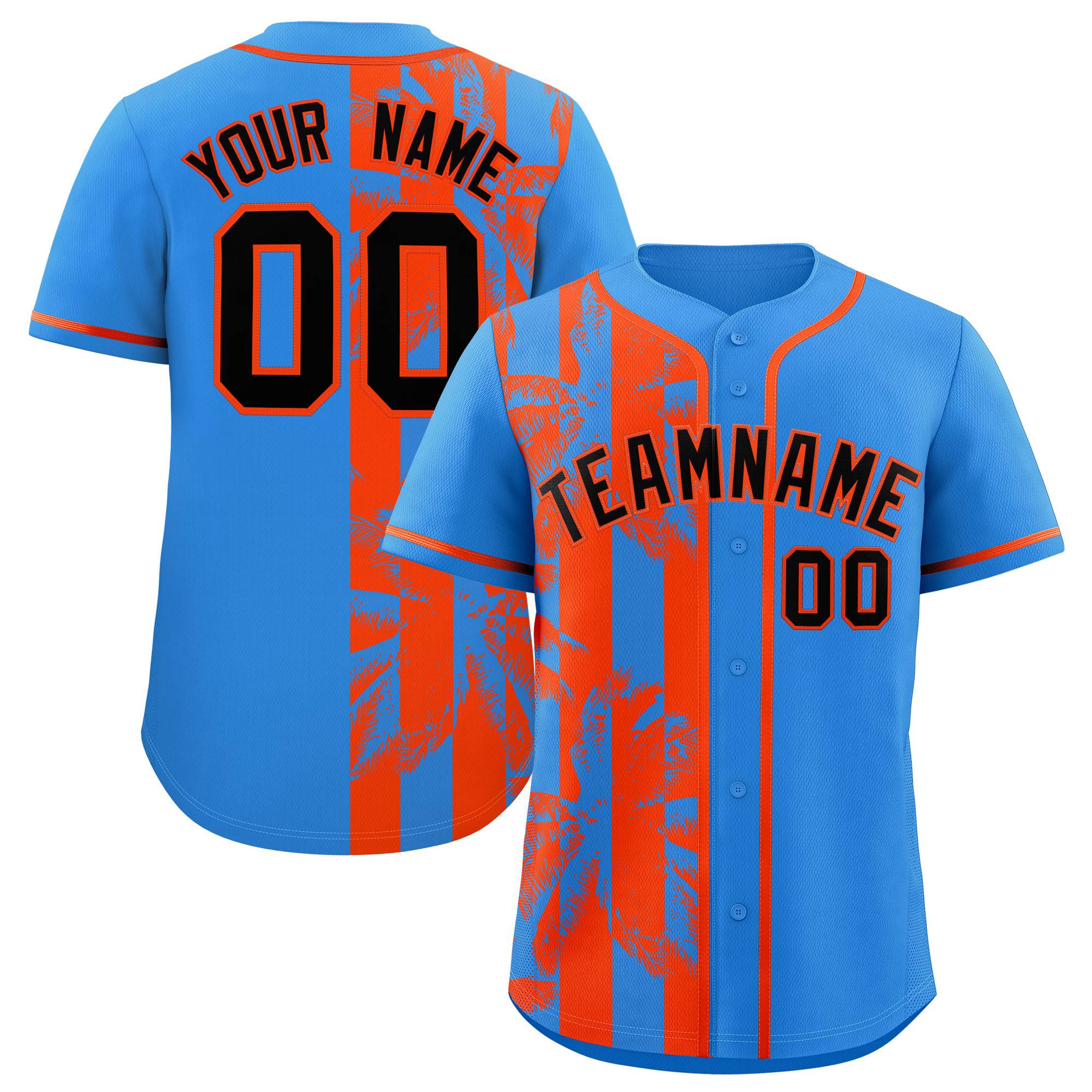 Custom Powder Blue Orange Split Fashion Coconut Tree Design Authentic Baseball Jersey| KXKSHOP