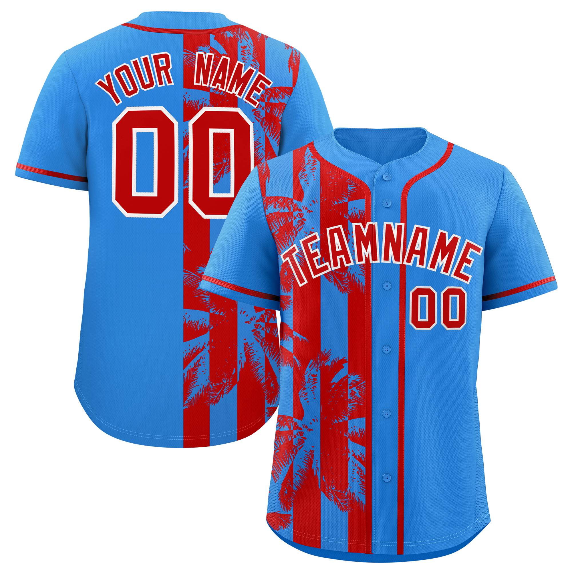 Custom Powder Blue Red Split Fashion Coconut Tree Design Authentic Baseball Jersey| KXKSHOP
