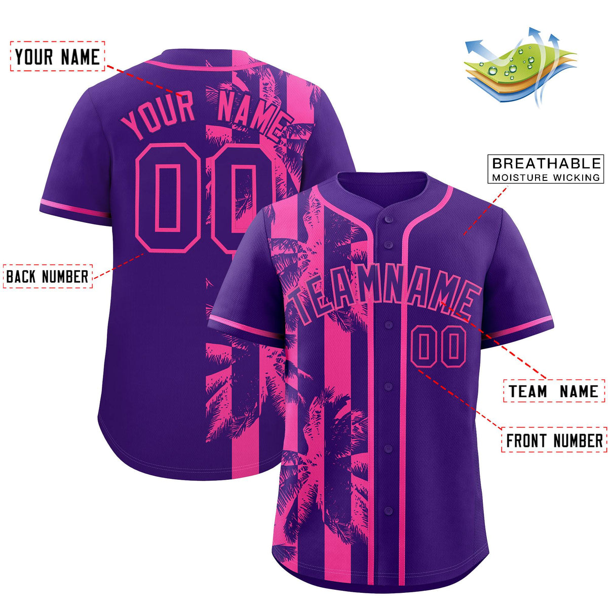 Custom Purple Pink Split Fashion Coconut Tree Design Authentic Baseball Jersey| KXKSHOP