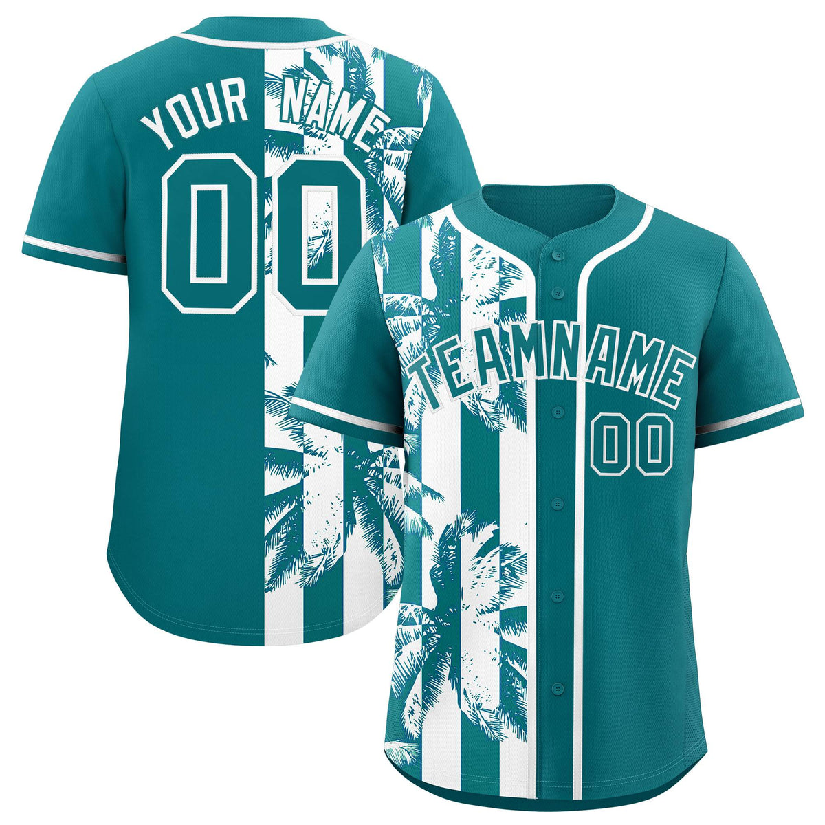 Custom Aqua White Split Fashion Coconut Tree Design Authentic Baseball Jersey| KXKSHOP