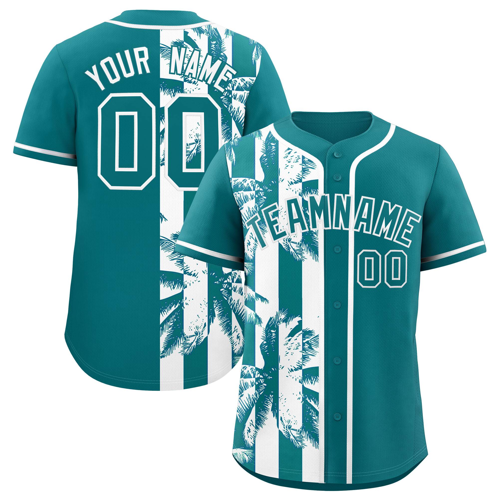 Custom Aqua White Split Fashion Coconut Tree Design Authentic Baseball Jersey| KXKSHOP
