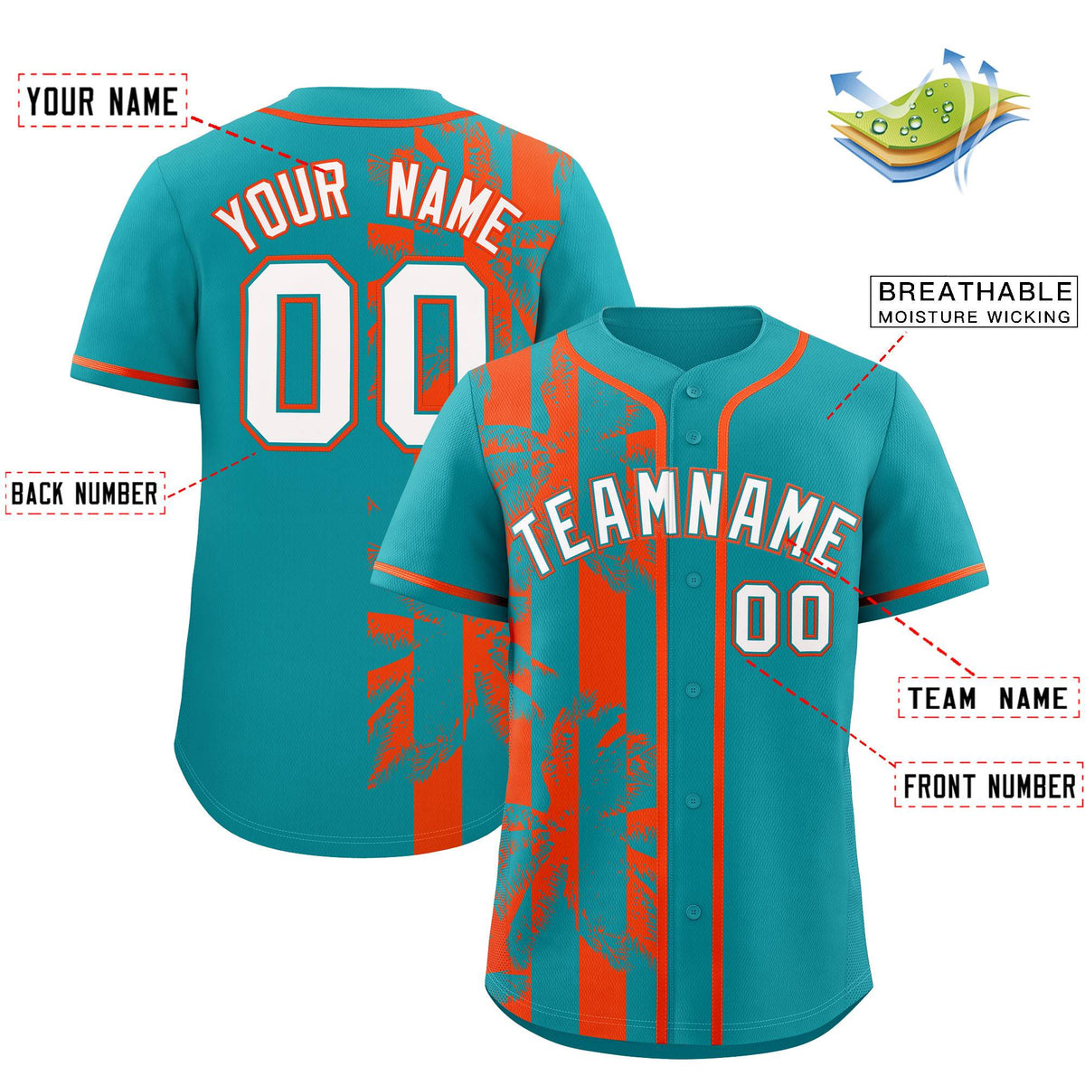 Custom Aqua Orange Split Fashion Coconut Tree Design Authentic Baseball Jersey| KXKSHOP