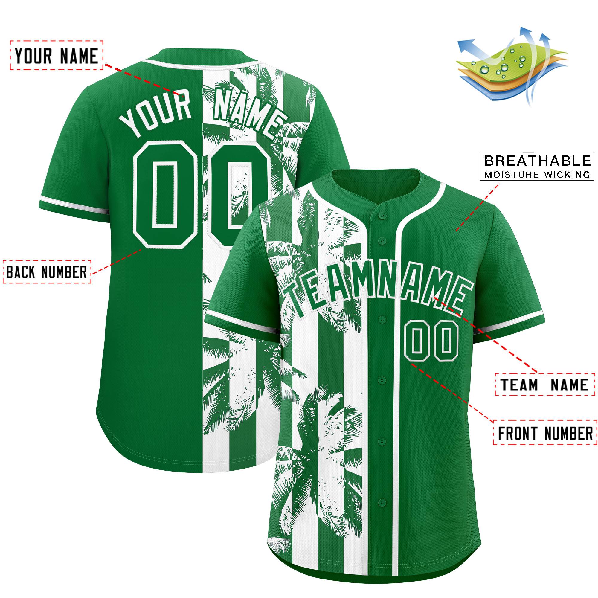 Custom Kelly Green White Split Fashion Coconut Tree Design Authentic Baseball Jersey| KXKSHOP