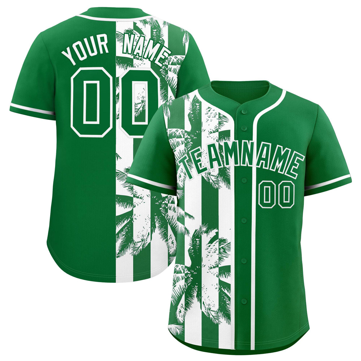 Custom Kelly Green White Split Fashion Coconut Tree Design Authentic Baseball Jersey| KXKSHOP