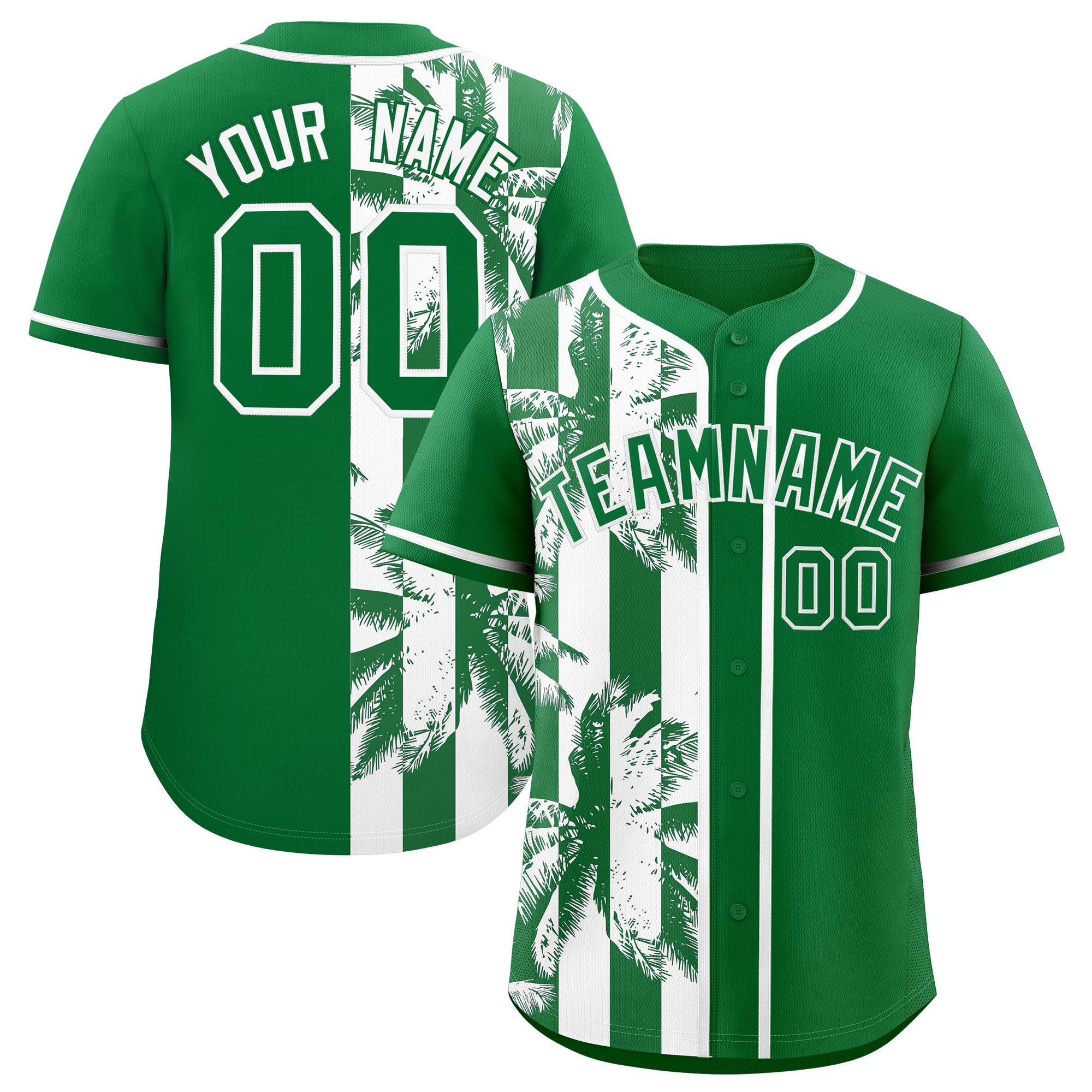 Custom Kelly Green White Split Fashion Coconut Tree Design Authentic Baseball Jersey| KXKSHOP