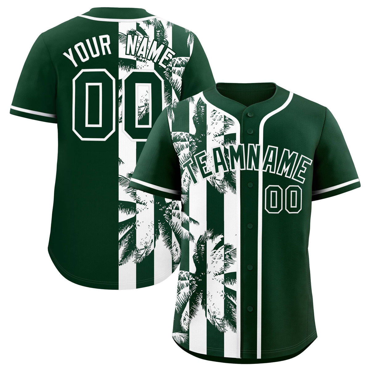 Custom Green White Split Fashion Coconut Tree Design Authentic Baseball Jersey| KXKSHOP