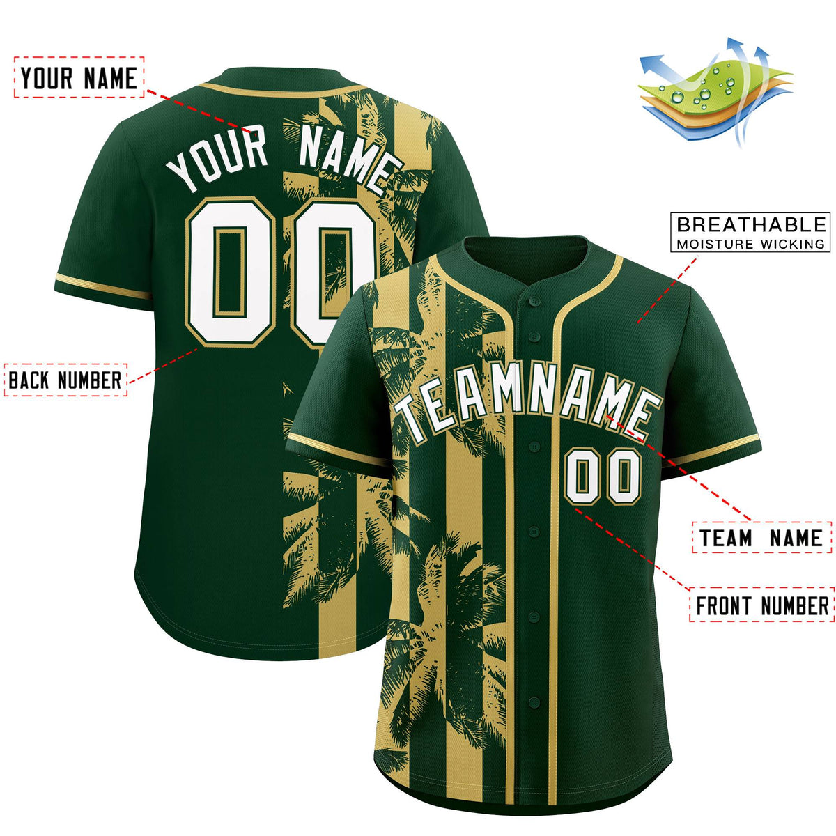 Custom Green Khaki Split Fashion Coconut Tree Design Authentic Baseball Jersey| KXKSHOP