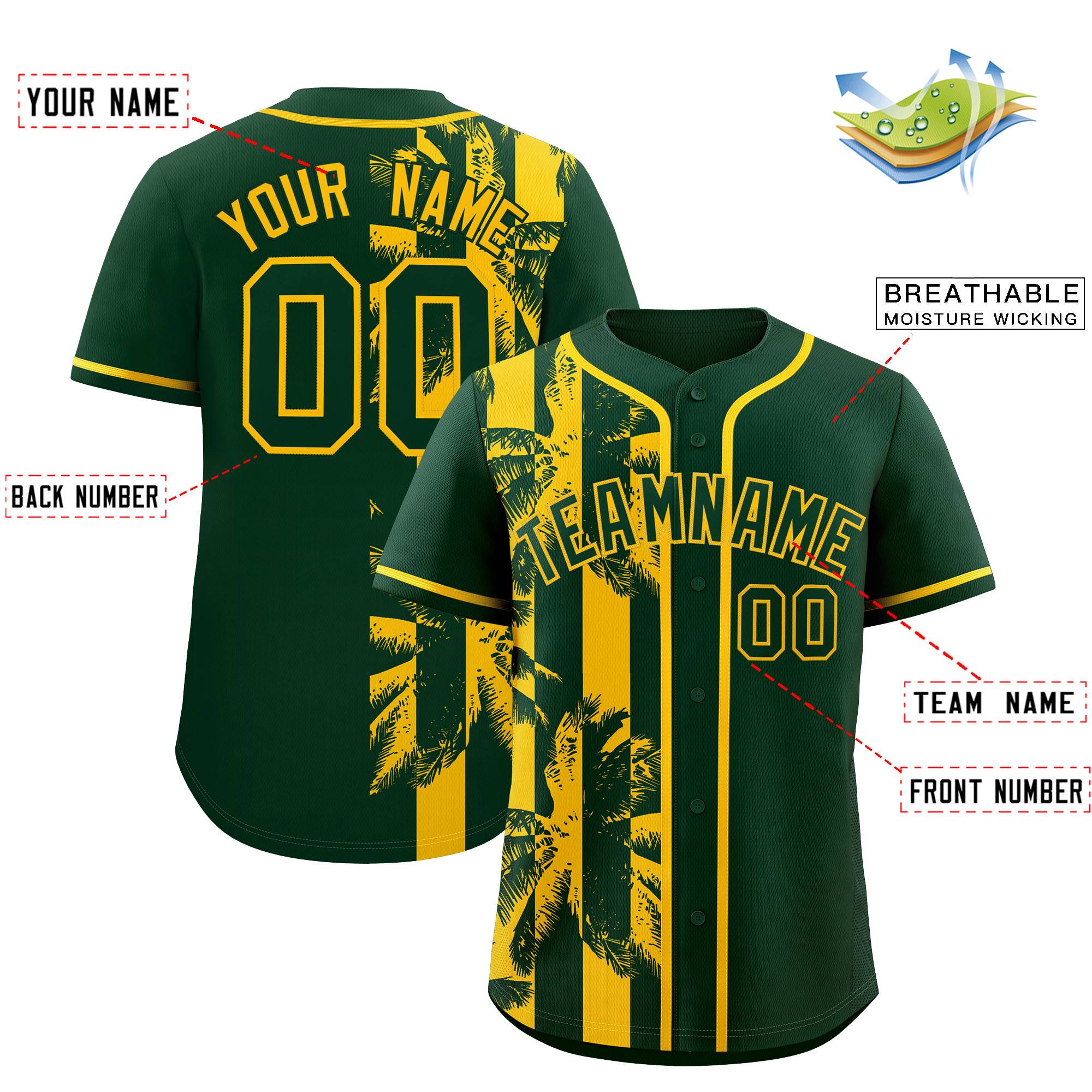 Custom Green Yellow Split Fashion Coconut Tree Design Authentic Baseball Jersey| KXKSHOP