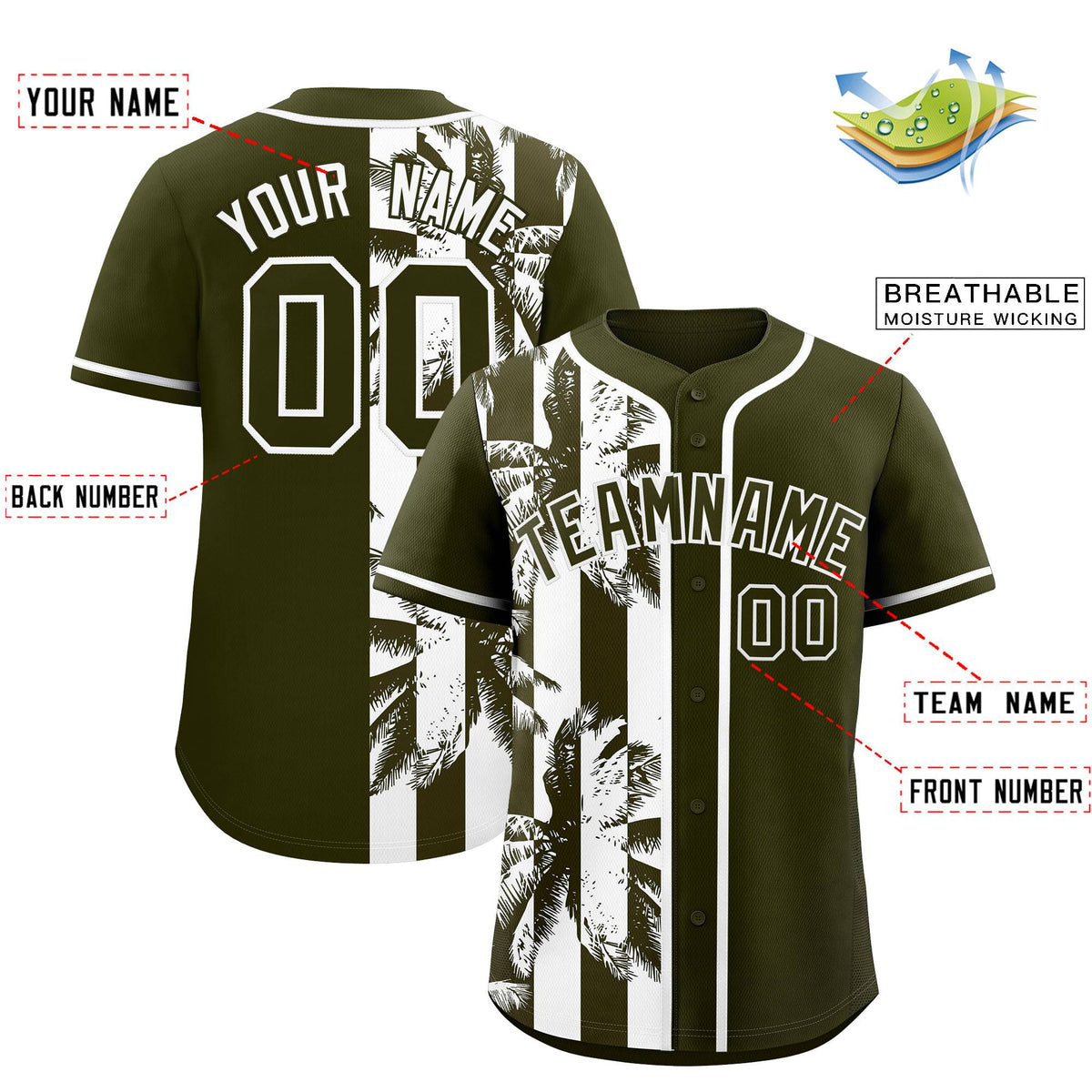Custom Olive White Split Fashion Coconut Tree Design Authentic Baseball Jersey| KXKSHOP