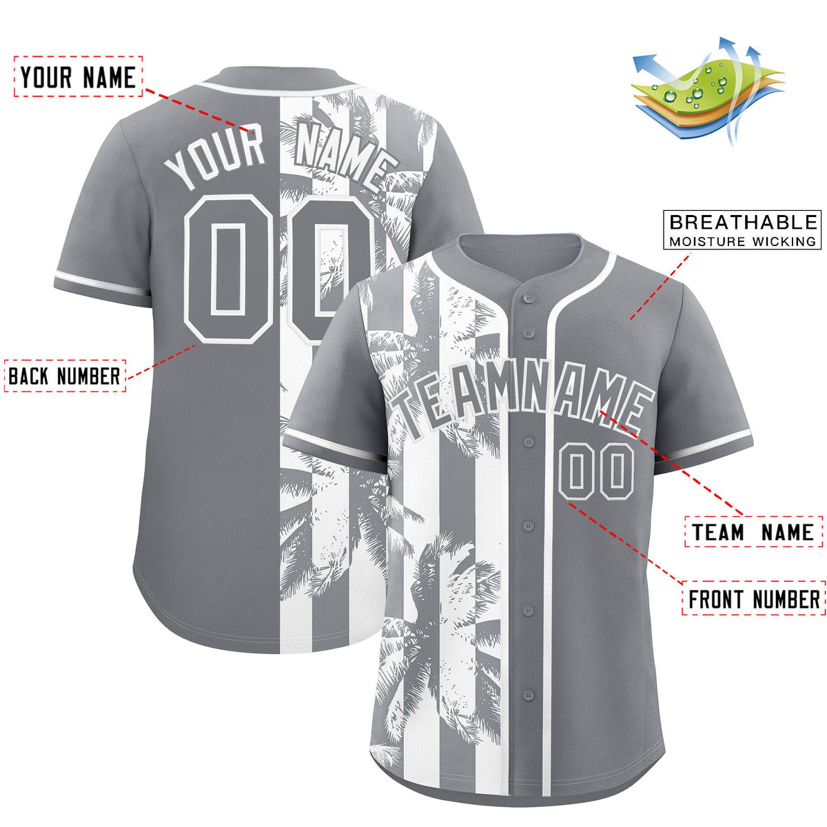 Custom Gray White Split Fashion Coconut Tree Design Authentic Baseball Jersey| KXKSHOP