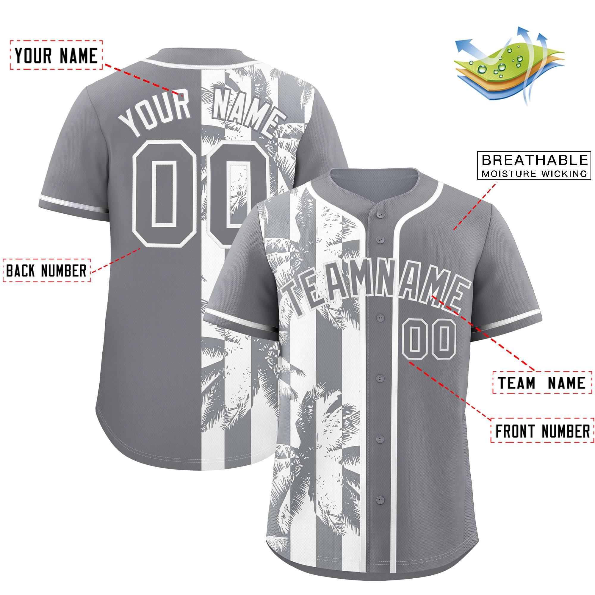 Custom Gray White Split Fashion Coconut Tree Design Authentic Baseball Jersey| KXKSHOP