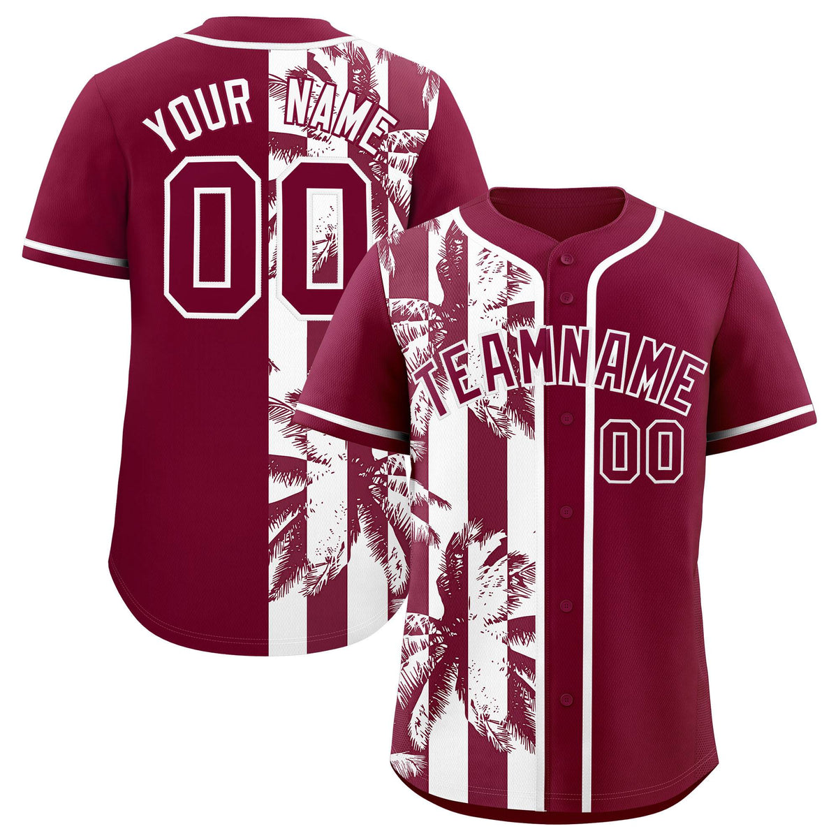 Custom Crimson White Split Fashion Coconut Tree Design Authentic Baseball Jersey| KXKSHOP