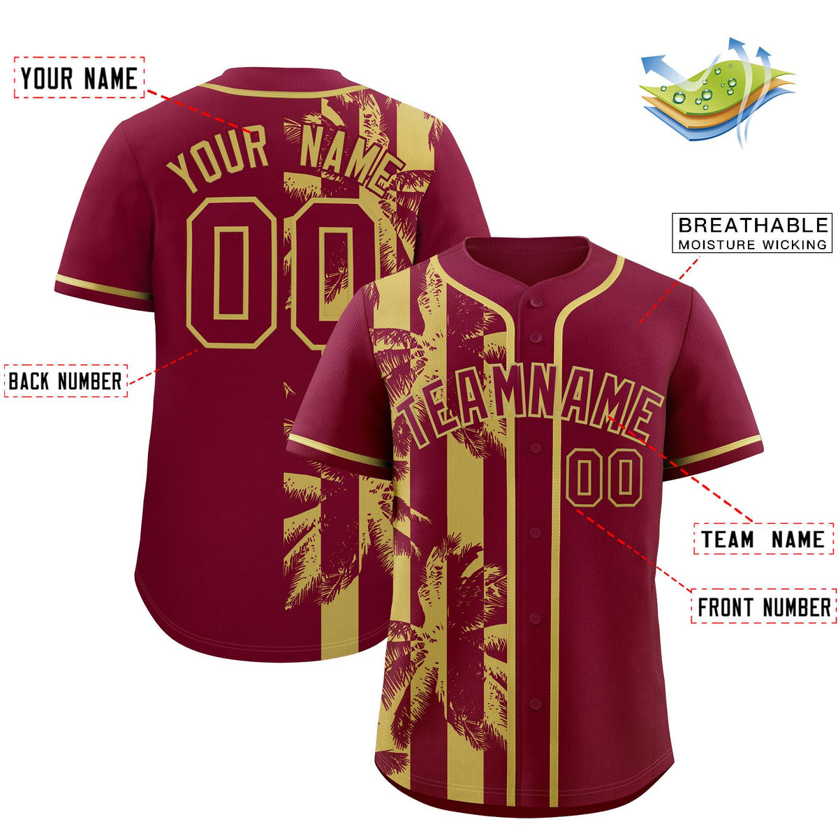 Custom Crimson Khaki Split Fashion Coconut Tree Design Authentic Baseball Jersey| KXKSHOP